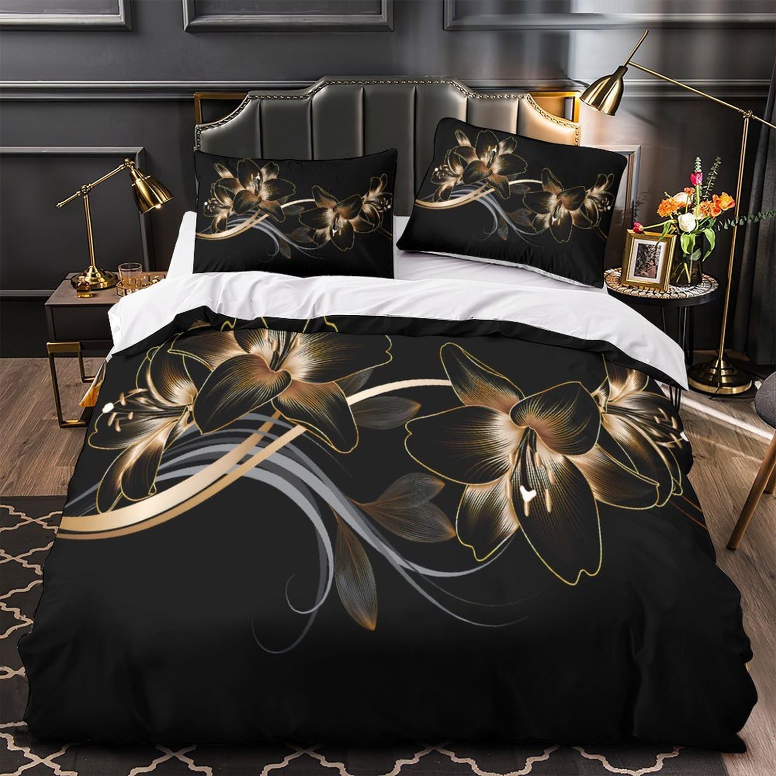 Parure de Lit Fleurs Ornementales Dorées pour une Chambre Moderne Chic