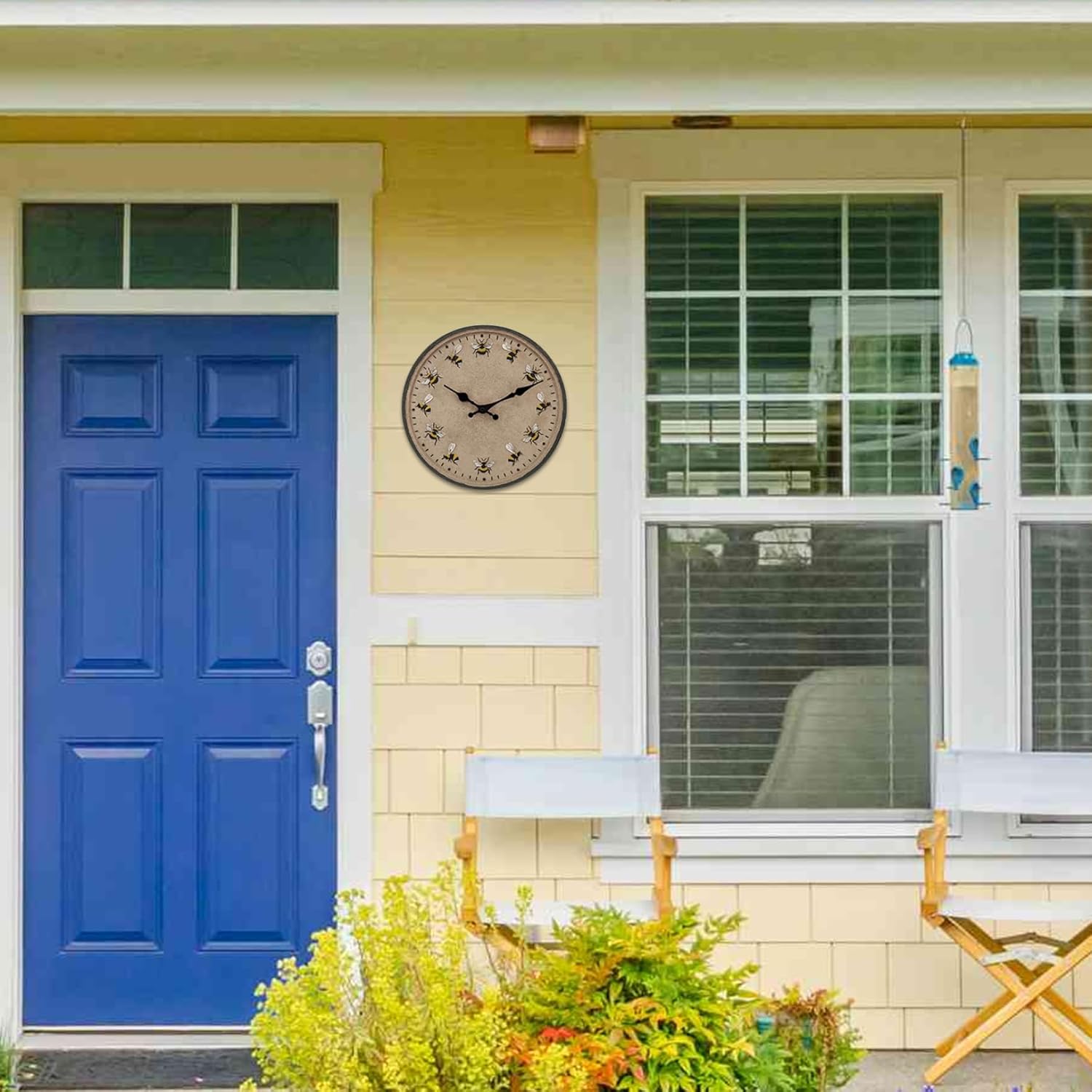 Outdoor Clock 12'' Round Garden Clock IP44 Waterproof Wall Decorative Bee Outside Kitchen for Garden Patio Pool Decor