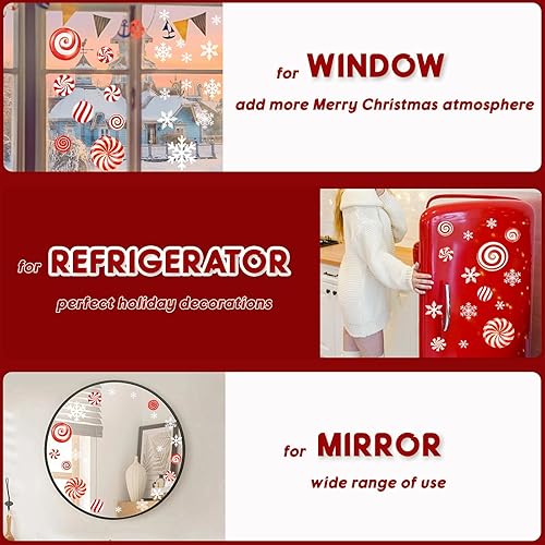 Miniatura 7 de Adhesivos navideños para ventana, calcomanías de decoración de ventana de caramelo de menta navideña, copos de nieve de Navidad, decoración para