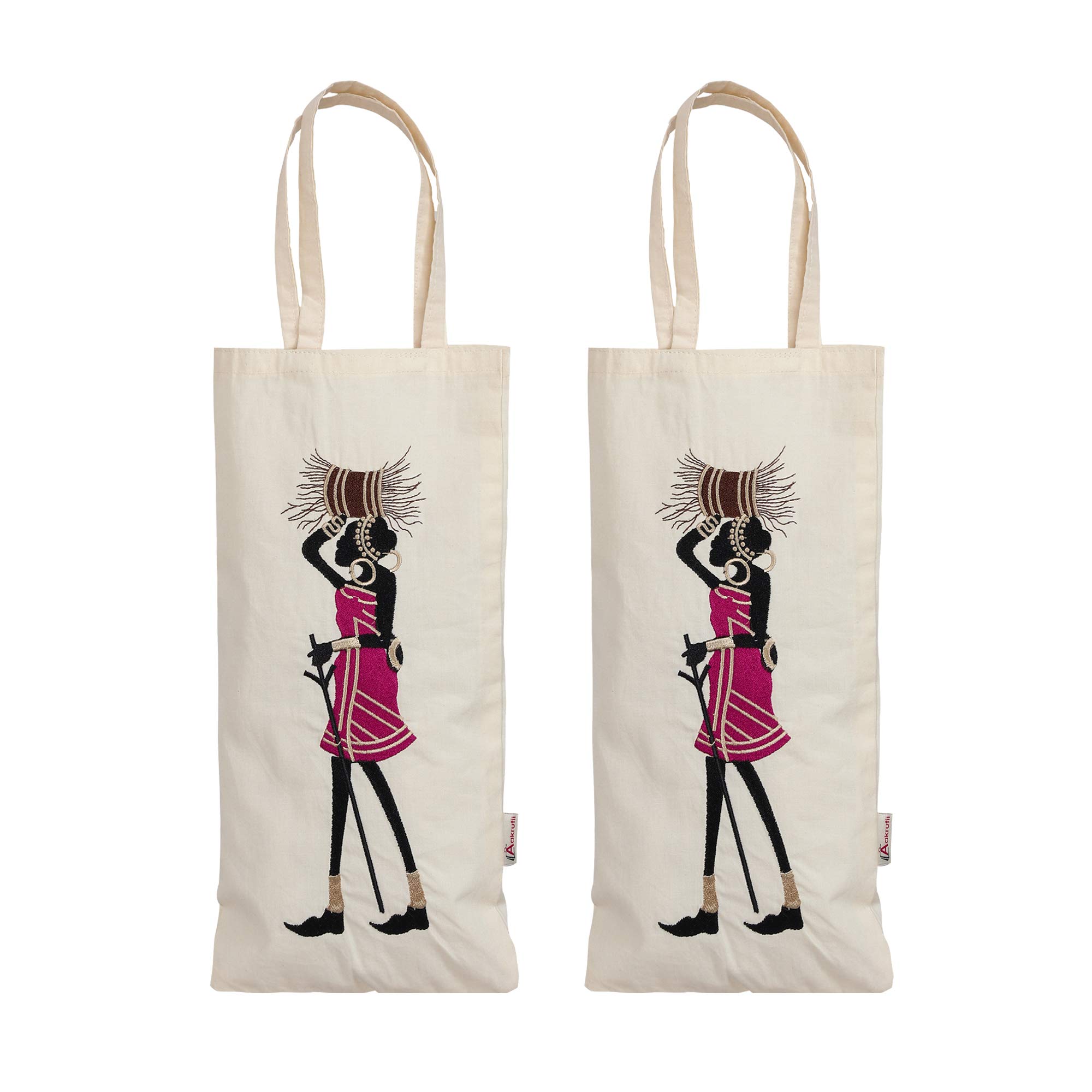 Aakrutii Cream Embroidery Design Eco-Friendly Cotton Water Bottle Bags Set of 2