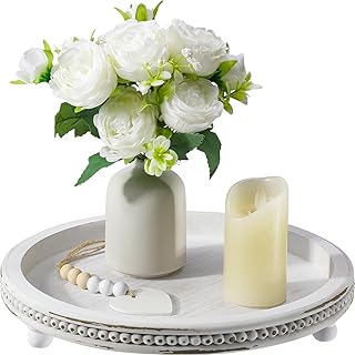Handmade 12 Inch Decorative Tray, Small Beaded Tray Coffee Table Decor, White Washed Round Wooden Tray for Coffee Table, Dining Room Table Entryway and Living Room