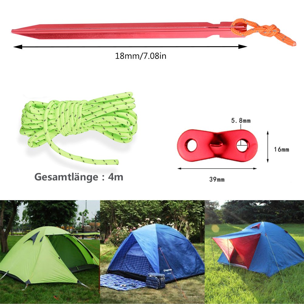 20x Zelt Heringe 18cm Alu - Camping Pflöcke Mit Schnur Rot