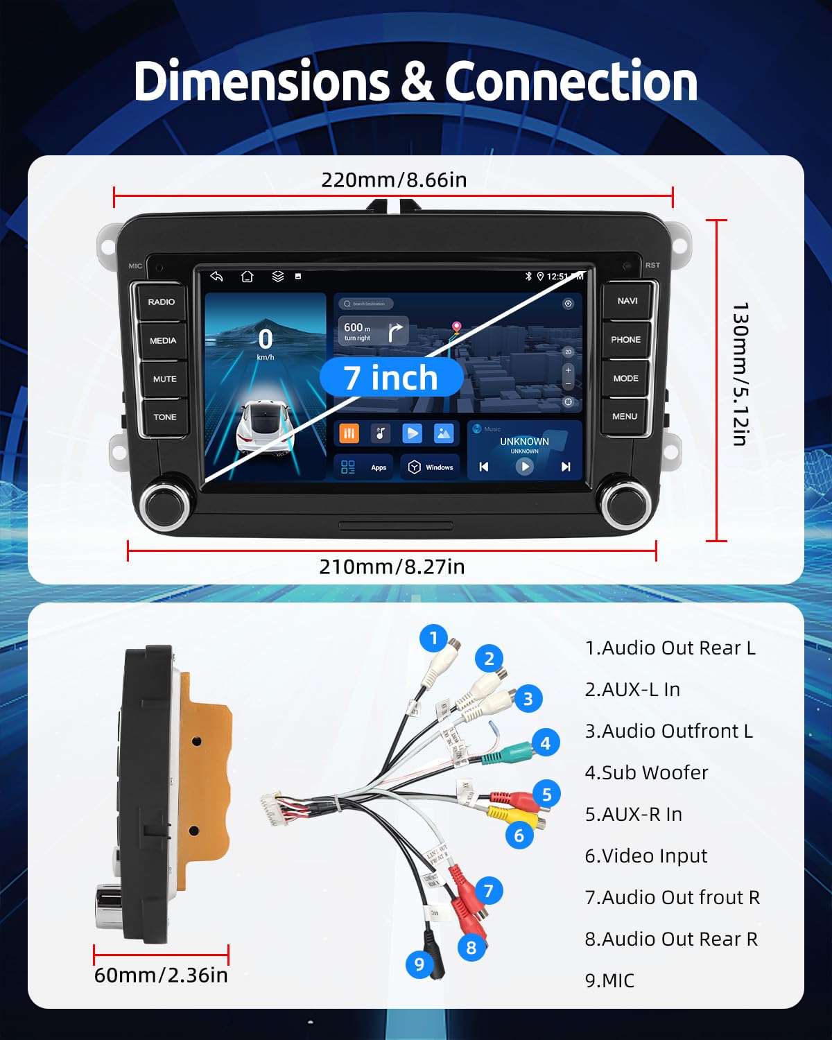ESSGOO Android15 4+64G Wireless CarPlay Androidd Auto Autoradio Für VW Golf MK5 MK6 Polo Caddy Passat Seat RCD330,2 Din Bluetooth Radio mit 7 Zoll Touchscreen FM RDS GPS WiFi Navi
