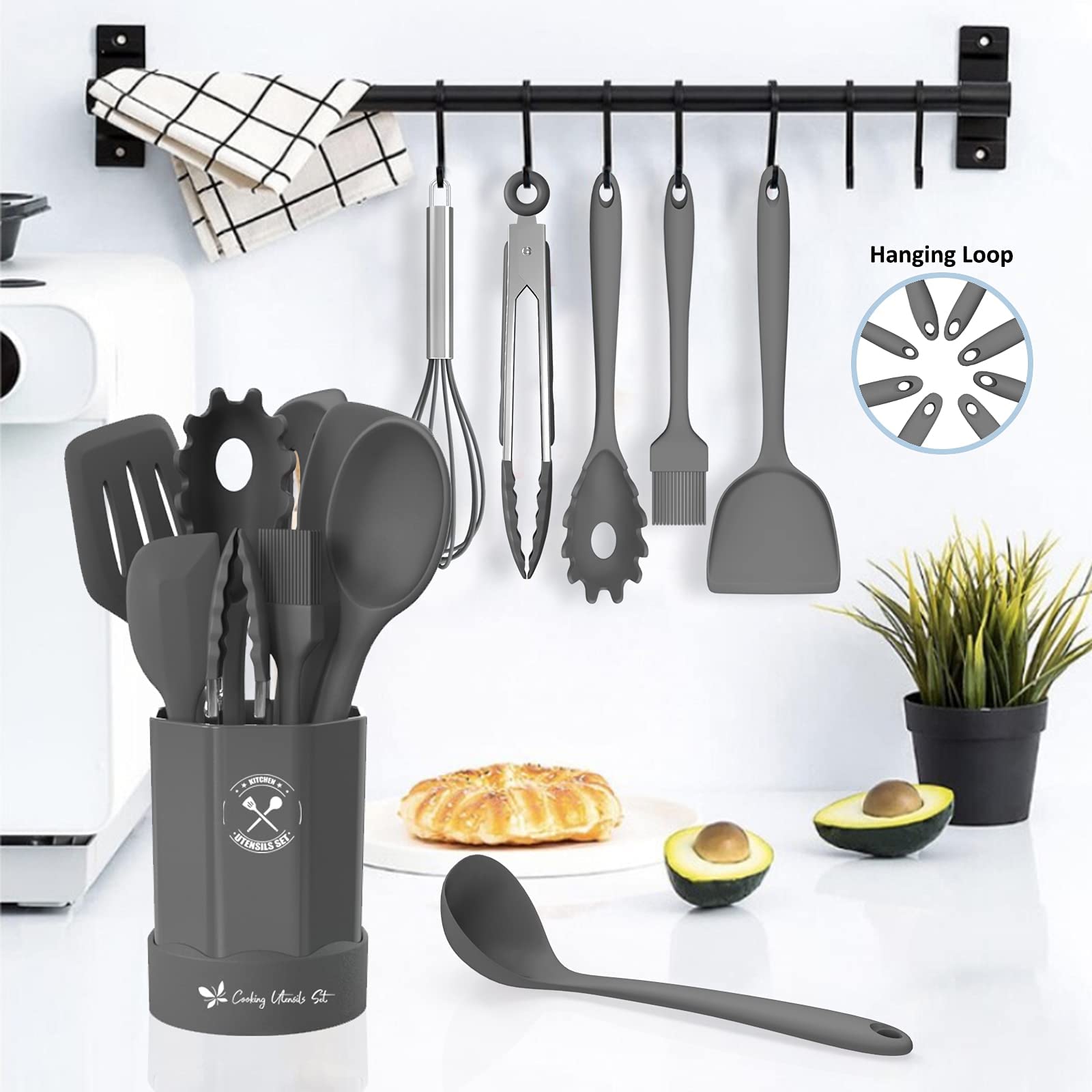 Deedro, set di utensili da cucina in silicone, 16 pezzi, resistenti al calore, con supporto, spatola antiaderente, gadget da cucina per cucinare e cuocere, grigio
