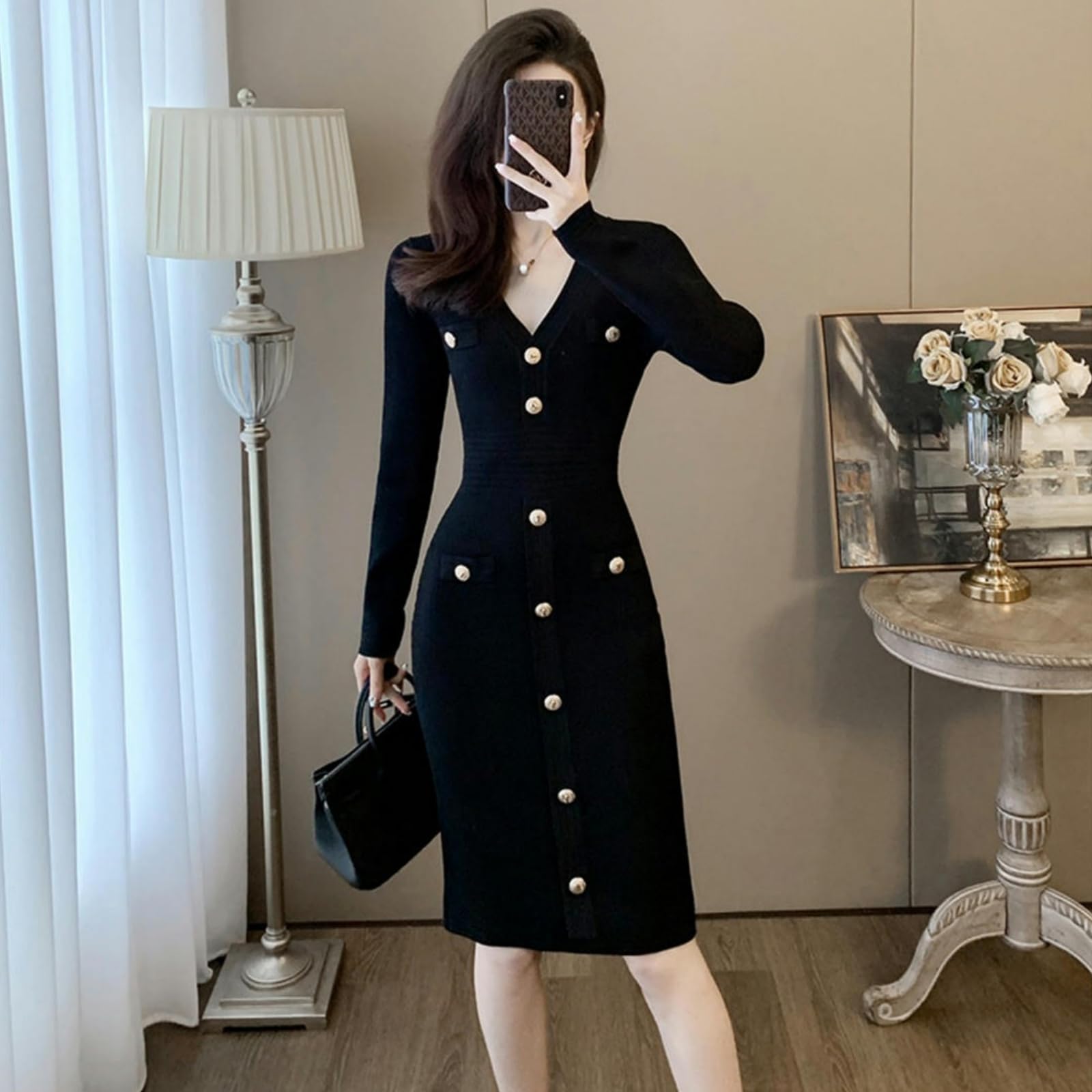 Vestito Donna Autunno Abito Autunnale da Donna in Maglia con Scollo A V, Gonna Aderente sui Fianchi, Gonna Maglione A Vita Alta con Bottoni-Nero-m