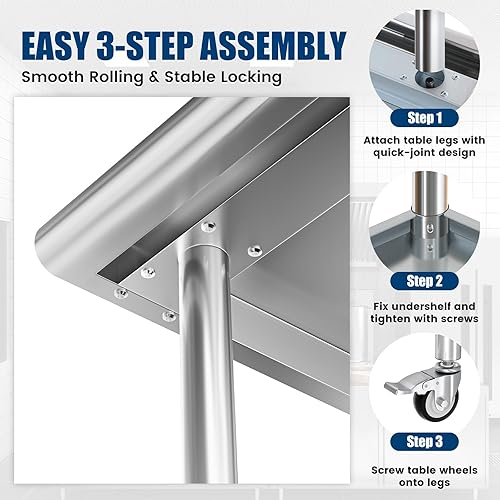 Miniatura 8 de Mesa de trabajo de acero inoxidable con ruedas, mesa de preparación de cocina NSF de 24 x 36 pulgadas con estante inferior ajustable para