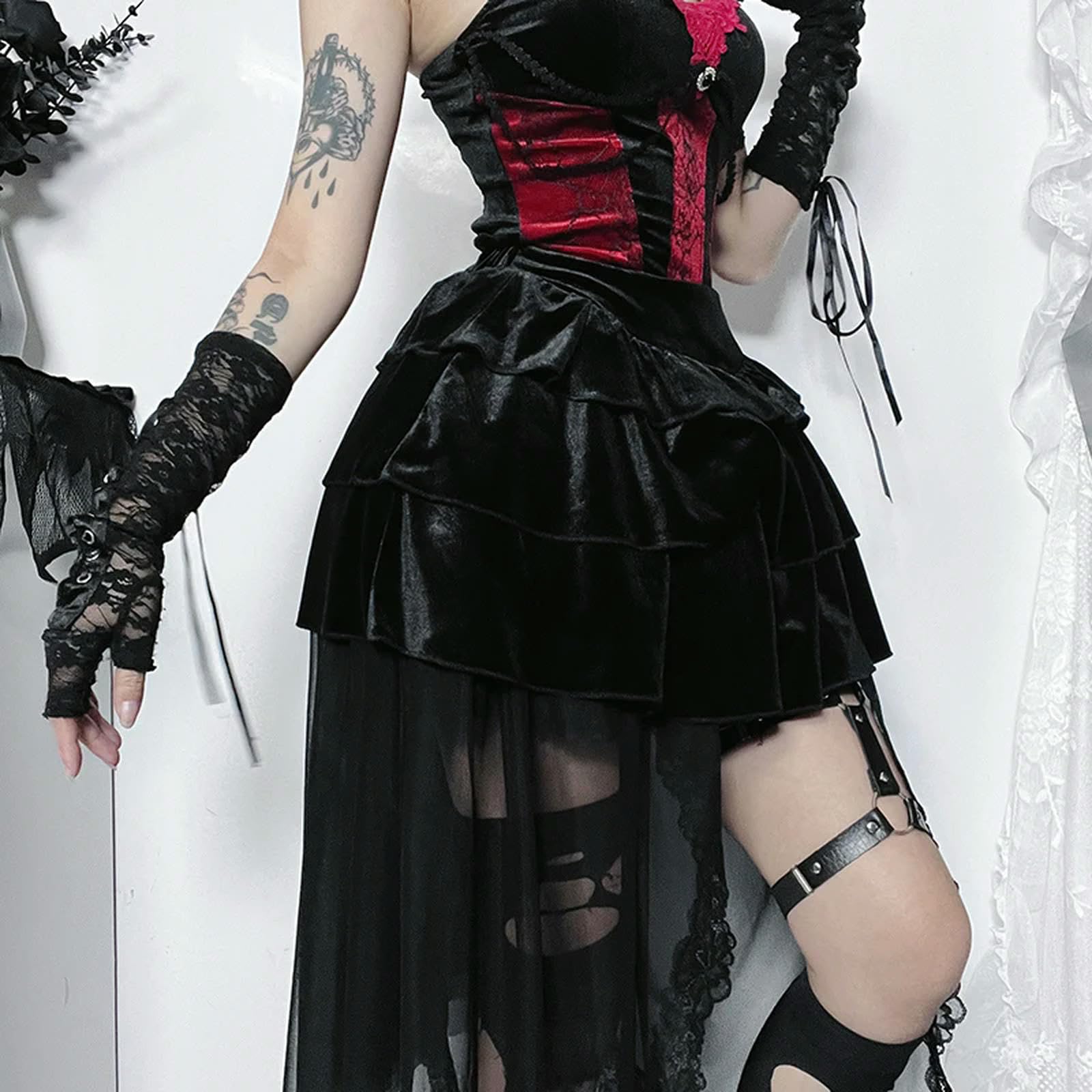 Gonne a Vita Alta con Pizzo Nero, Gonna Corta a Trapezio a Strati in Stile Gotico da Donna-Nero-M