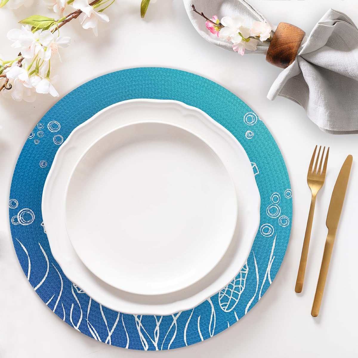 Ocean Sea Animal Turtle Tortoise Round Placemats Set of 6 Woven Braided Place Mat Heat Resistant Washable Table Mats for Dining Table Kitchen, 15 in