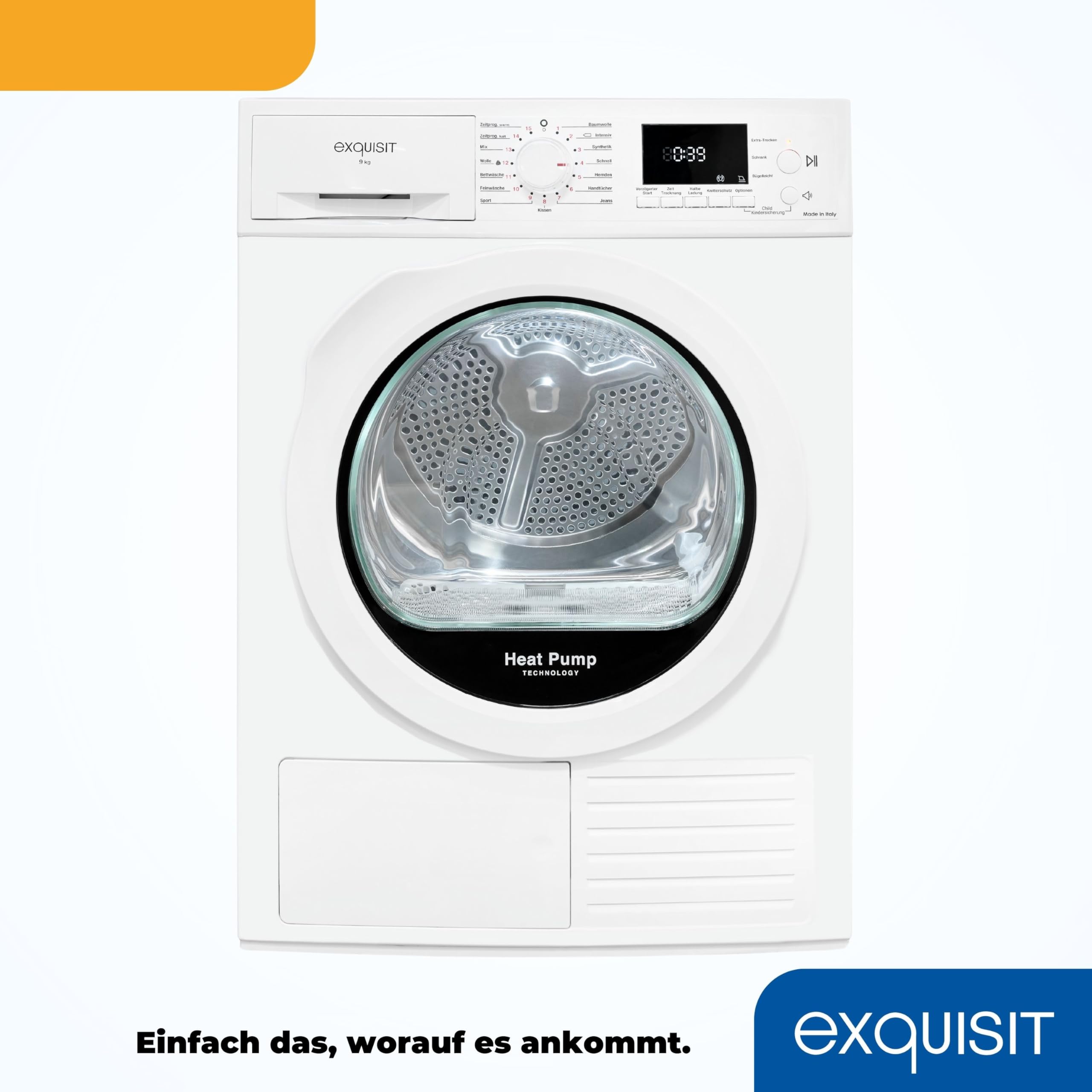 Exquisit Asciugatrice a pompa di calore TWP903-410, bianco, capacità 9 kg, classe di efficienza energetica A++, sicurezza bambini, spegnimento automatico