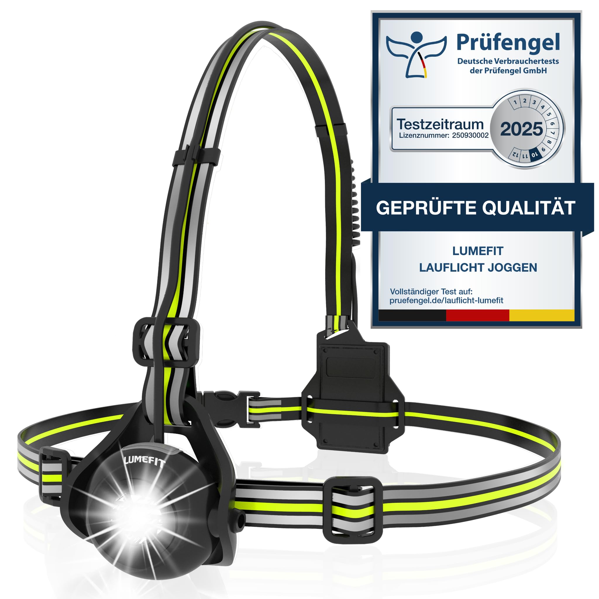 LUMEFIT Lauflicht mit Reflektoren, ideal zum Joggen und Laufen, mit 500 Lumen FrontTaschenlampe, 90° verstellbar, Laufgürtel mit rundum-Reflektoren, rotes Rücklicht, mit Akku