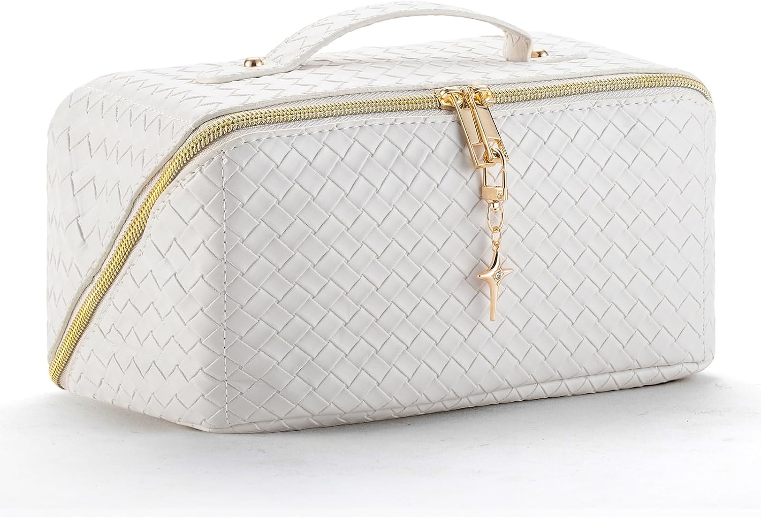 Ladies travel open flat toiletry bag cosmetic bag waterproof leather cosmetic bag handle gift (White)