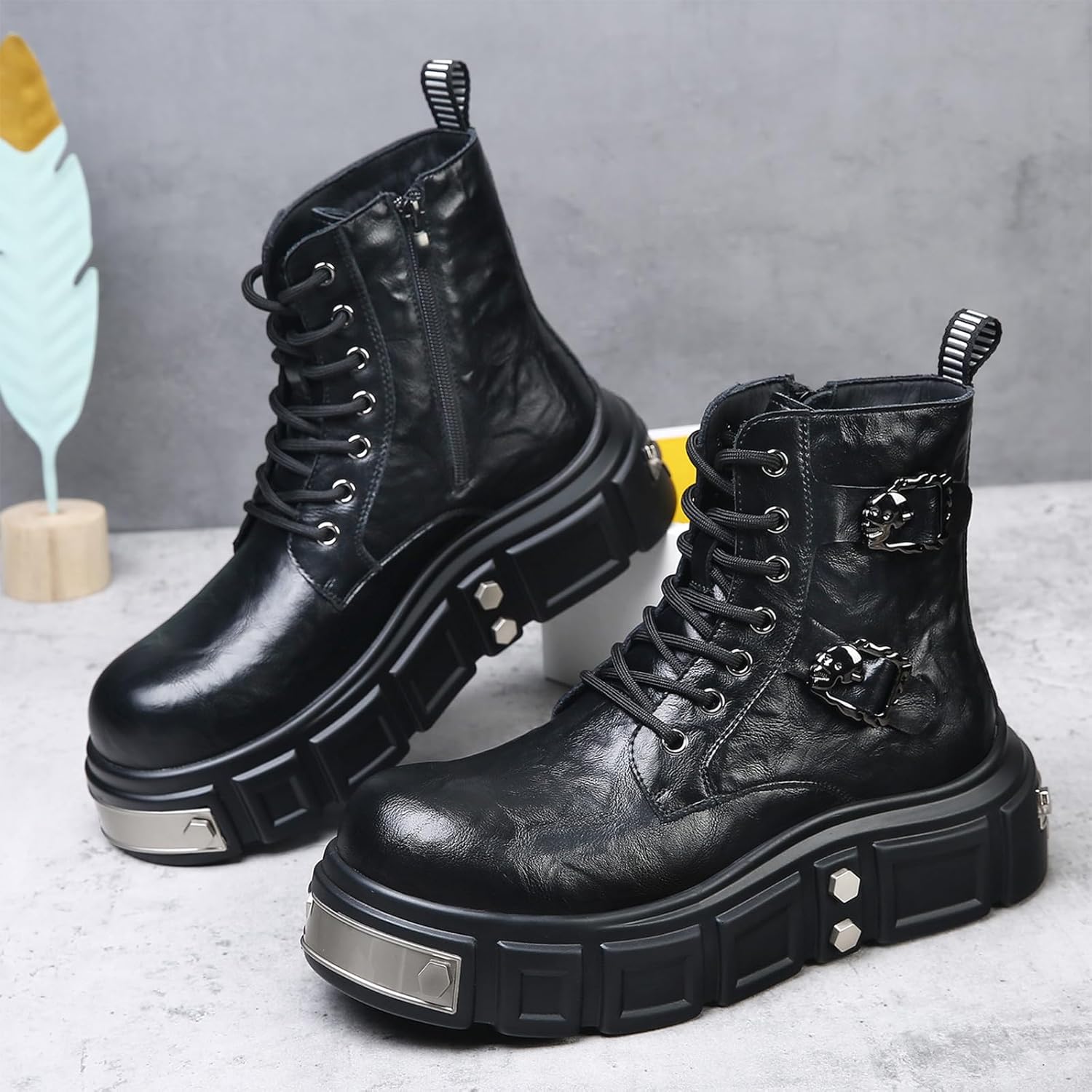 Men's Leather Gothic Punk Ankle Boots Comfort Round Toe Lace-Up Side Zipper Platform Combat Boots for Concerts Festivals Night Outs And Everyday Edgy Style - Image 2