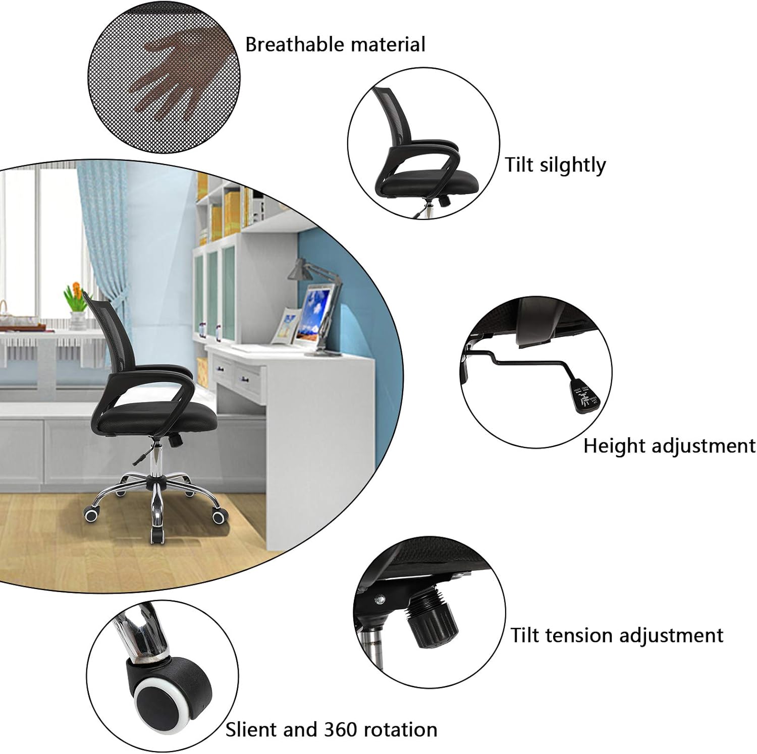 Diagram showing various chair features: breathable material, tilt, height adjustment, tilt tension adjustment, and 360-degree rotation