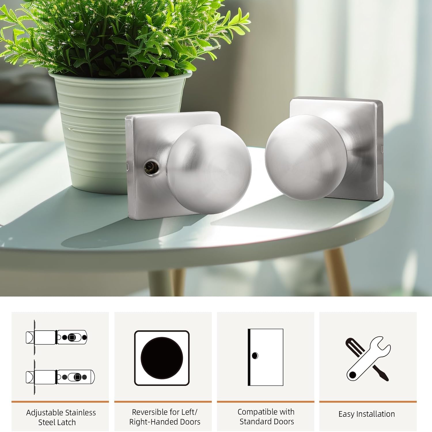 GOBEKOR Passage Door Knob Brushed Nickel Closet Door Knobs Interior Square Keyless Stain Steel Passage Knobs Hardware, 6 Pack