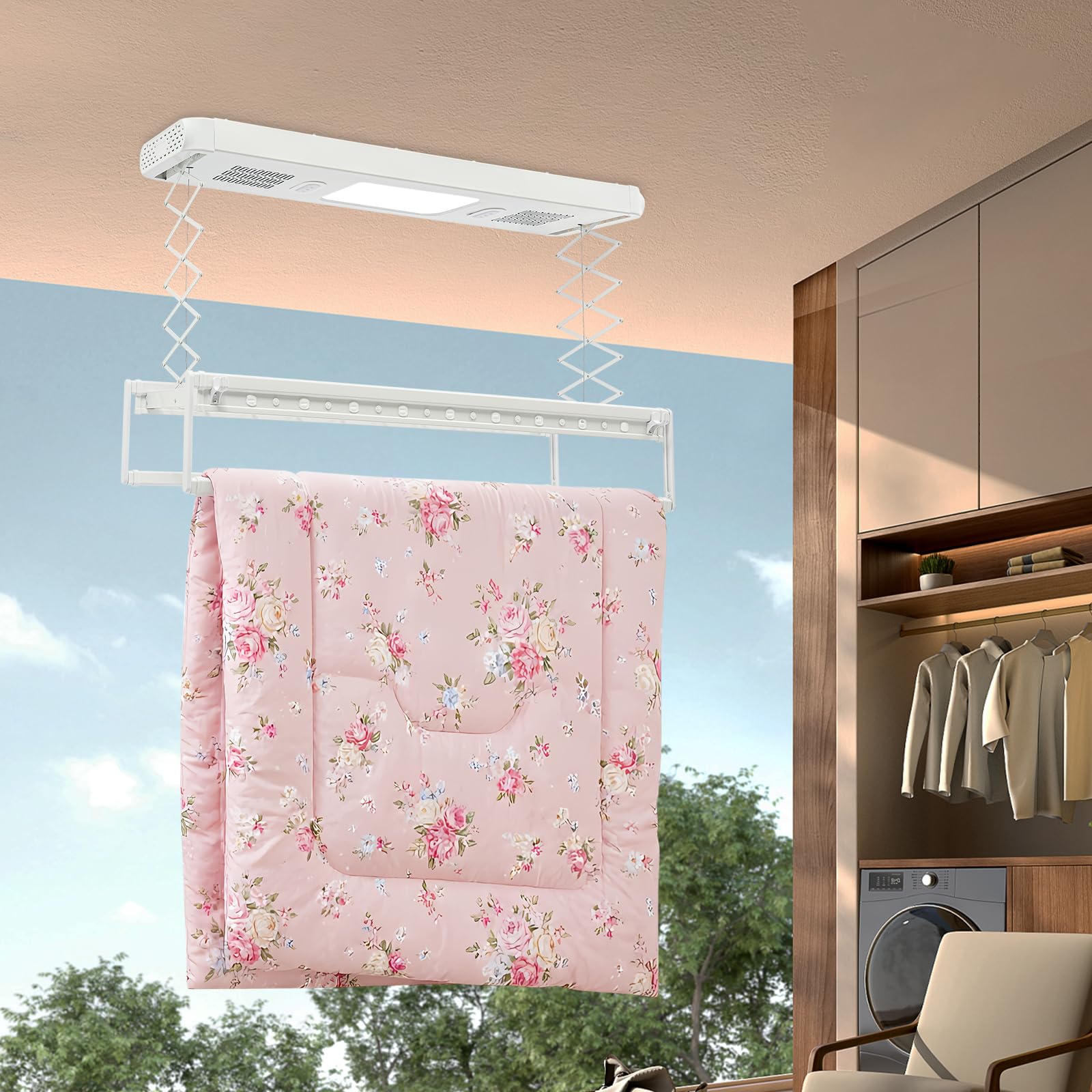 Elektrischer Wäscheständer, Deckenwäscheständer, Wand- und Deckenmontage, ausziehbar von 130–215 cm, Tragkraft 35 kg, mit Ventilator, LED-Beleuchtung und Fernbedienung, platzsparend für den Balkon