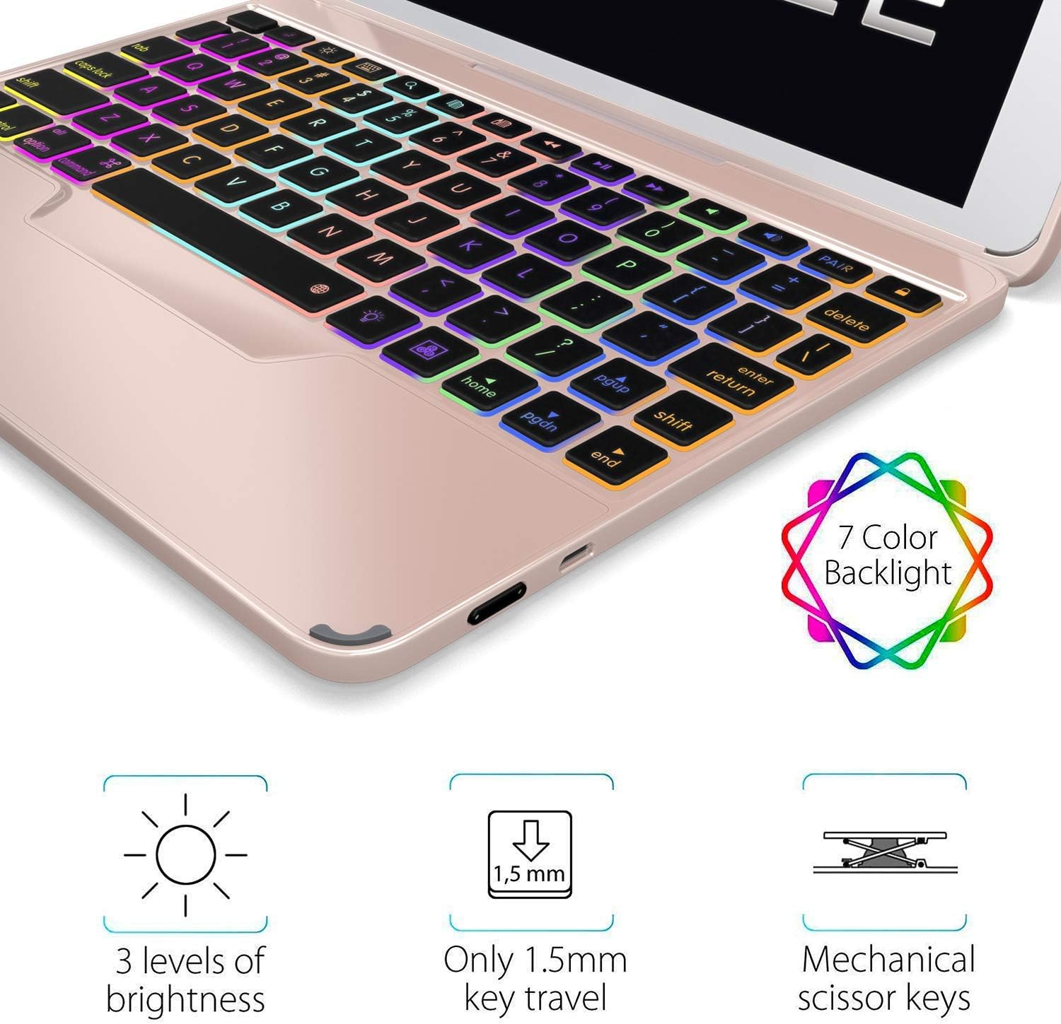 iPad Keyboard Case for iPad 2018 (6th Gen) - iPad 2017 (5th Gen) - iPad Pro 9.7 - iPad Air 2 & 1 - Thin & Light - Detachable - Aluminum - Wireless/BT - Backlit 7 Color - YEKBEE Modbook (Rose Gold)