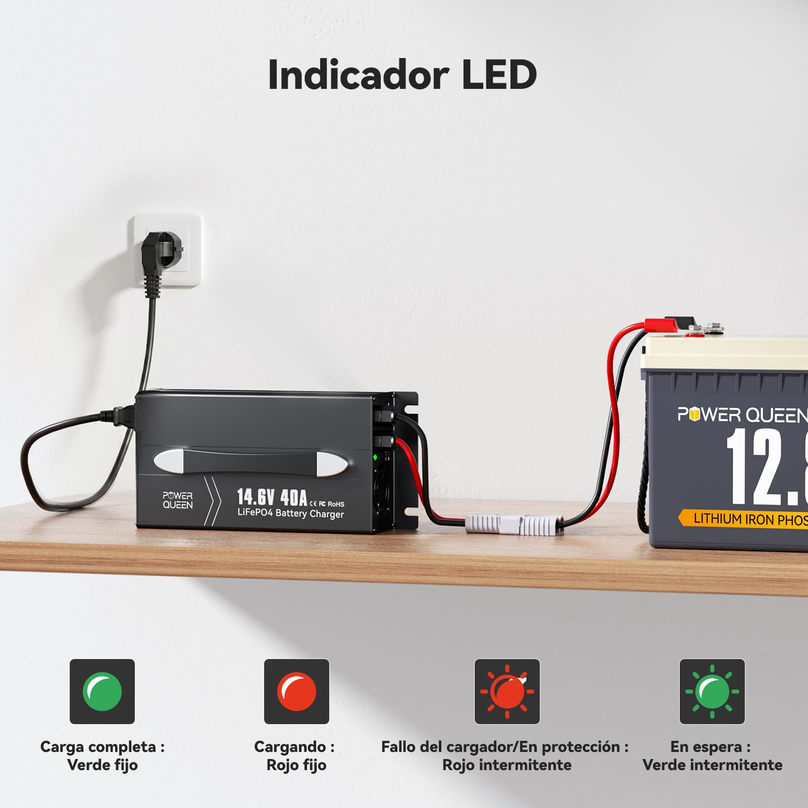 POWER QUEEN Cargador Rápido LiFePO4 14.6V 40A con Pantalla en Tiempo Real | Carga Rápida de 40A para LiFePO4 de 12V,Ideal para Ciclo Profundo,con Función de Precarga y 6 Protecciones Inteligentes