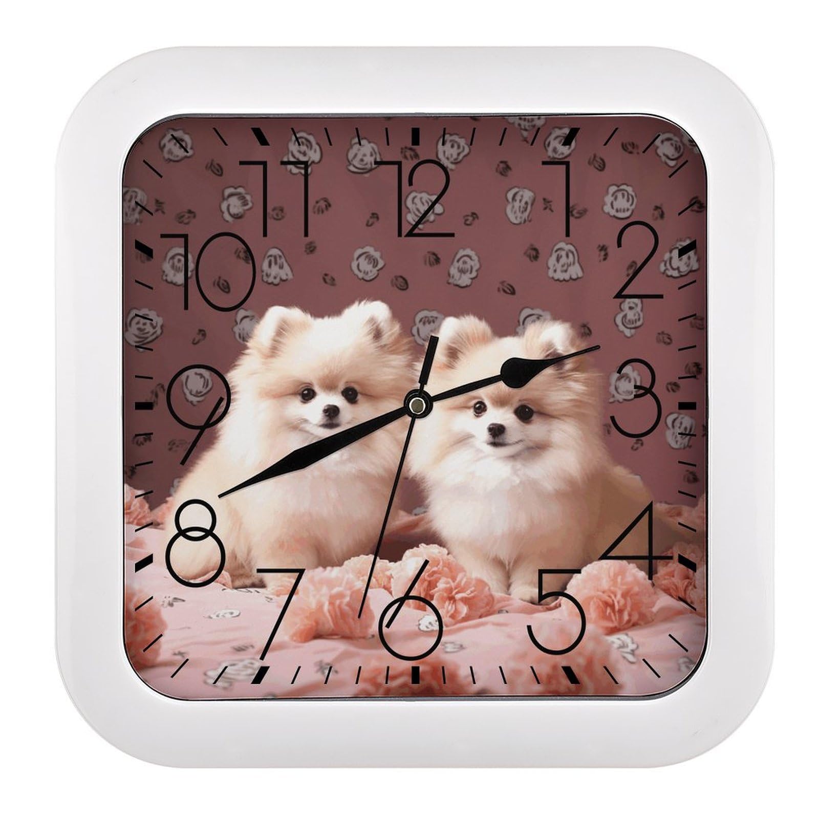 LZQPOEAS Pomeranians Puppies and Point Square Wall Clock, 10.2 Inch Battery Operated Silent Non-Ticking Wall Clock, Square Analog Decorative Clock for Home Wall Art, Living Room, Bedroom, and Office