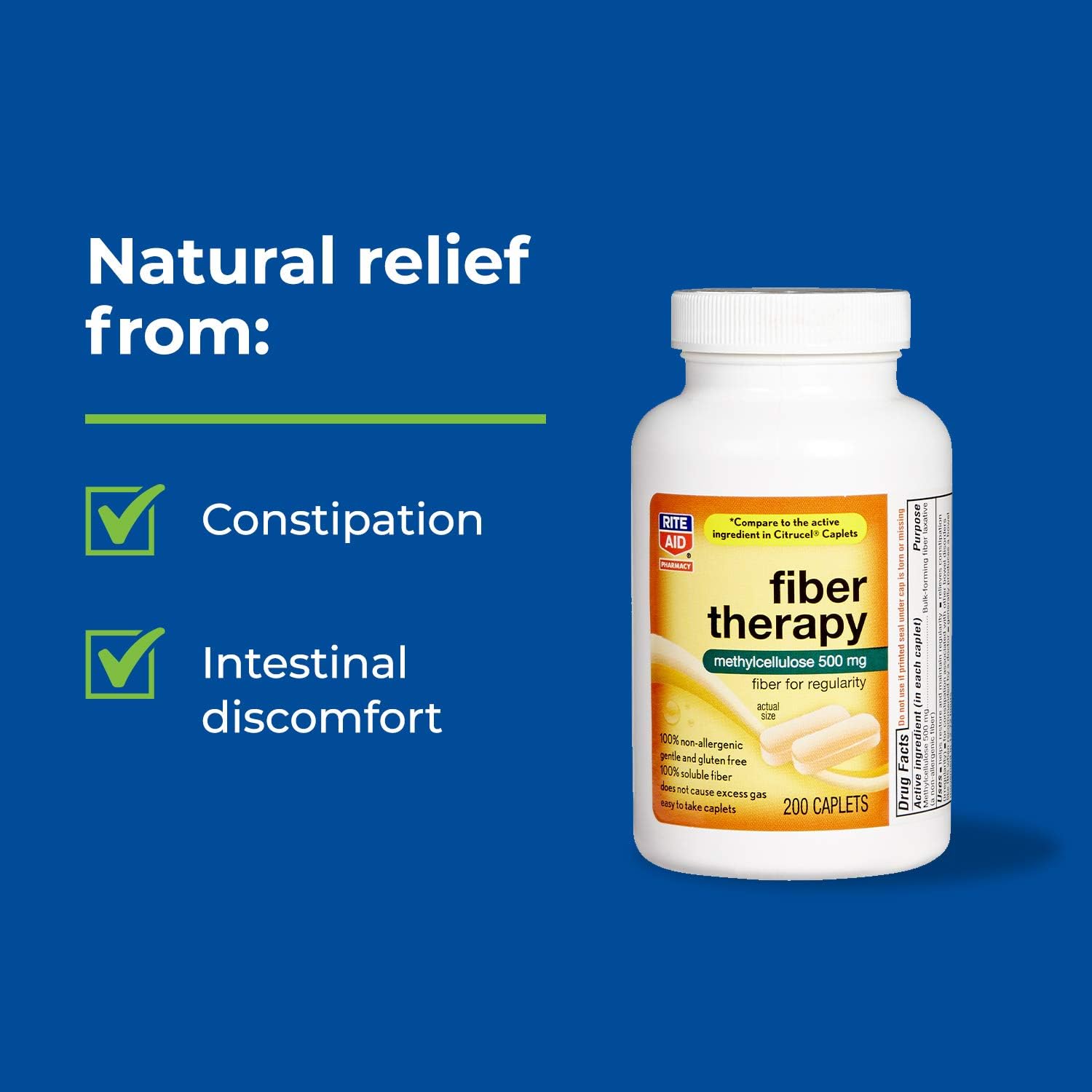 Rite Aid Fiber Therapy Soluble Fiber Supplement 200 Caplets, 500mg Methylcellulose, Laxatives for Constipation, Fiber Pills for Adults
