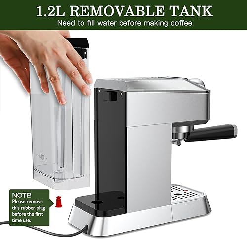 Miniatura 2 de MR - Máquina de café expreso, 20 bares, de acero inoxidable, máquina de café para el hogar u oficina con tanque de agua extraíble, cuchara medidora,