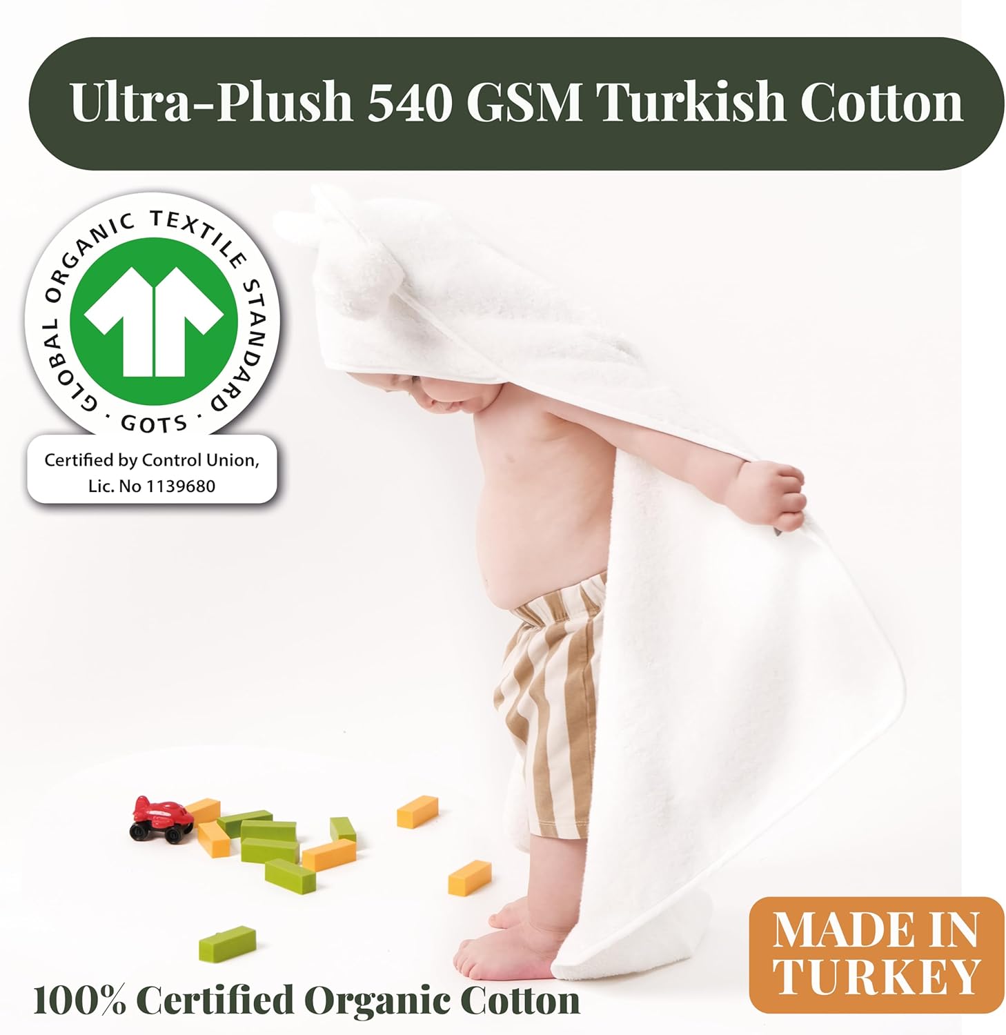 Organic Hooded Towels - Certified Organic Cotton, Long Stable Luxurious Turkish Organic Cotton, Plush Towels for Newborn (Little Lamb, 35×35" — Baby/Toddler Size (6 Months–Toddler))