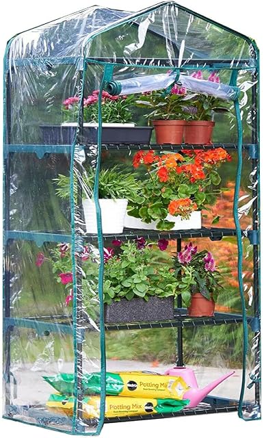 4 Tier Mini Greenhouse, Small Portable Compact Garden Grow House Plant Greenhouses , Basic Green House with Weatherproof PVC Plastic Cover Indoor outdoor