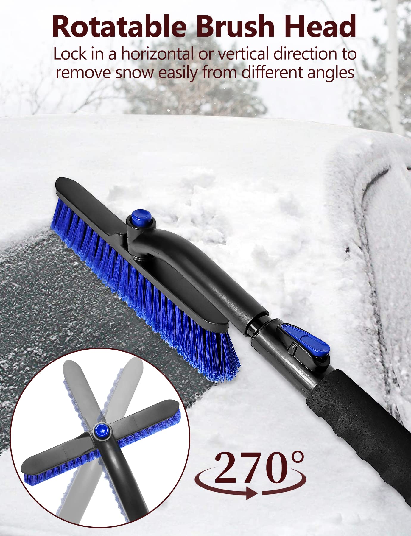 44'' Snow Brush Ice Scraper for Car Windshield, Extendable Snow Removal Tool Car Brush with Comfortable Foam Grip and Sturdy Aluminum Handle for Car, Truck, SUV