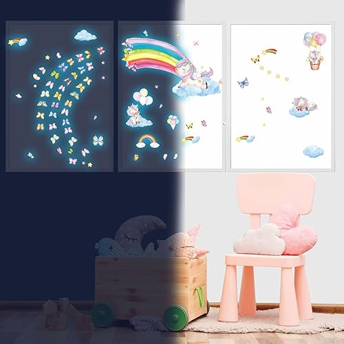 Miniatura 6 de Calcomanías de pared grandes que brillan en la oscuridad de arcoíris y unicornio, calcomanías de pared brillantes y luminosas, calcomanías de pared