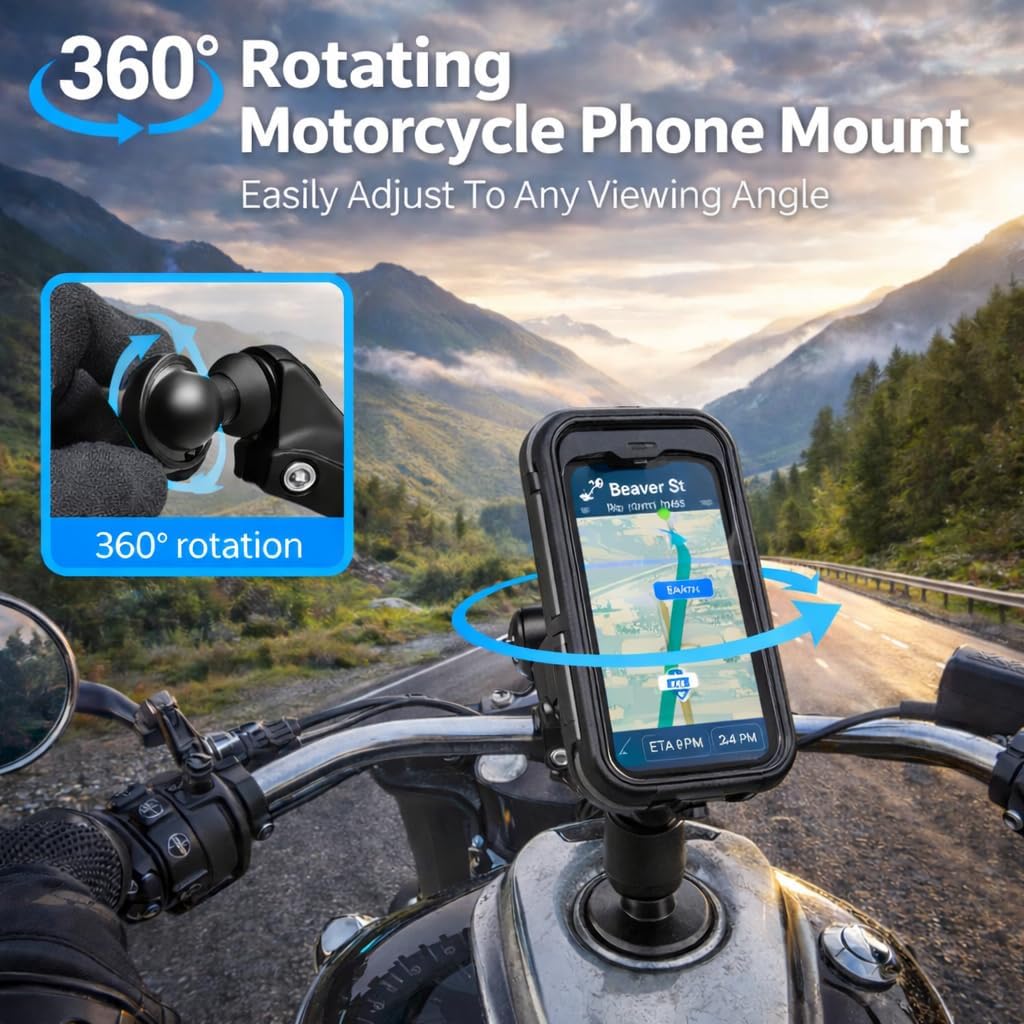 Waterproof Bike Motorcycle Phone Mount, 360° Rotating Handlebar Phone Holder, Touchscreen Phone Pouch, Full-Cover Shell, Tethered Port Cap, Tri-Side Clip Lock, 7.1 x 3.9 in, Fits 4.7-6.3 in Phones