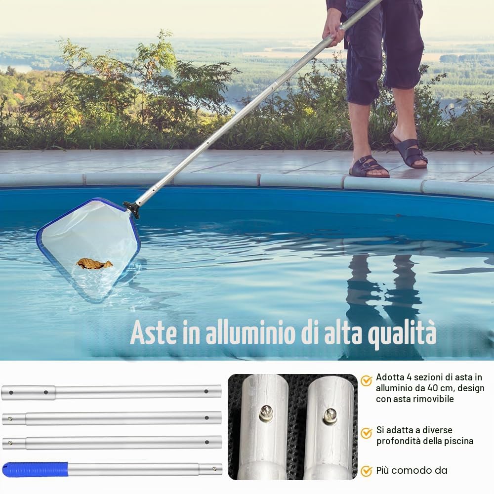 Retino per Pulizia Piscine,Professionale Retino Piscina,Retino per Piscina con Manico Telescopico,Retina Raccogli Foglie per Piscina Contelaio in Alluminio,Rete a Maglia Fine,Skimmer per Piscina