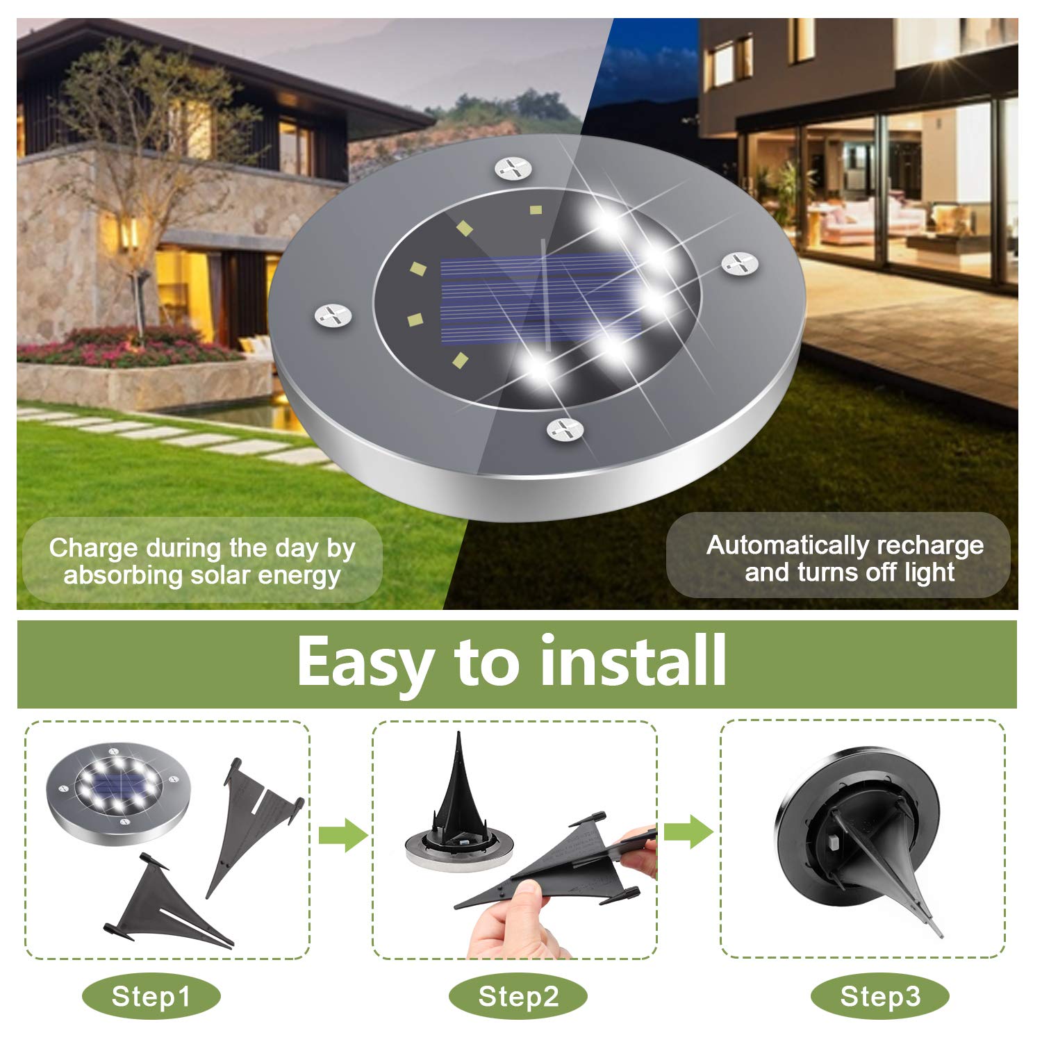 Lot de 8 lampes solaires d'extérieur lumineuses 10 LED pour jardin, terrasse, allée, escalier et allée, blanc chaud
