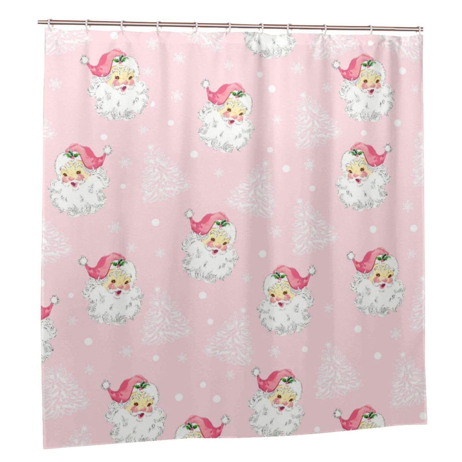 Newhomestyle Pink Christmas Santa Claus Shower Curtain, Xmas Tree Waterproof Quick Dry Bathtub Bath Curtain - Image 2
