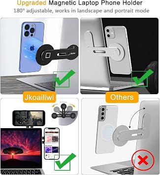 Magnetic Laptop Phone Holder Mount for Dual Screen, 180 Adjustable Edge Computer Phone Holder for Monitor's Top and Side, Extended Laptop Stand Accessories for iPhone 12-17 All Phones