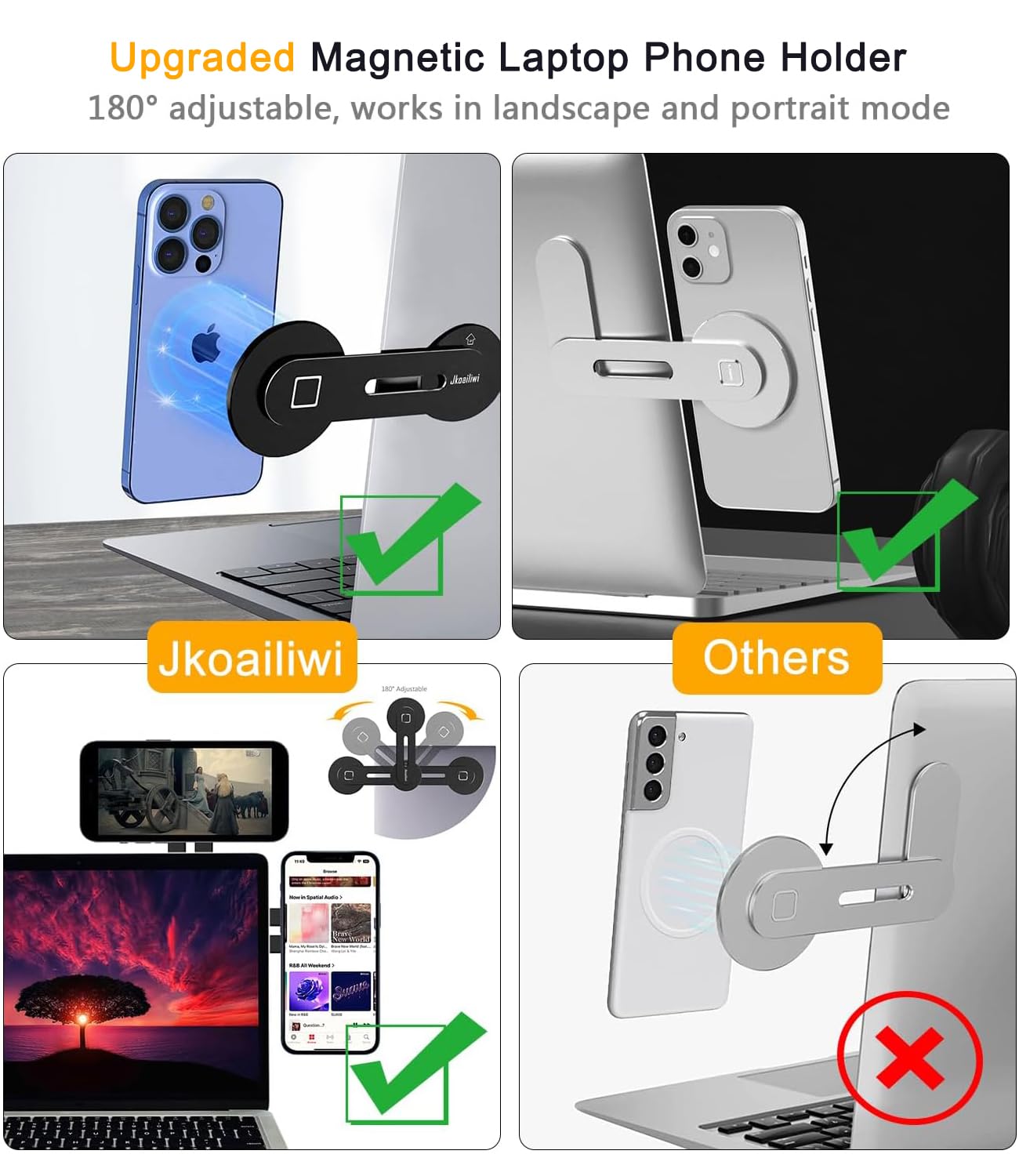 Jkoailiwi 180° Adjustable Magnetic Laptop Phone Holder Mount for Monitor's Top and Side, Dual Screen Computer Edge Monitor Mount, Extended Laptop Stand for All Phones, Black