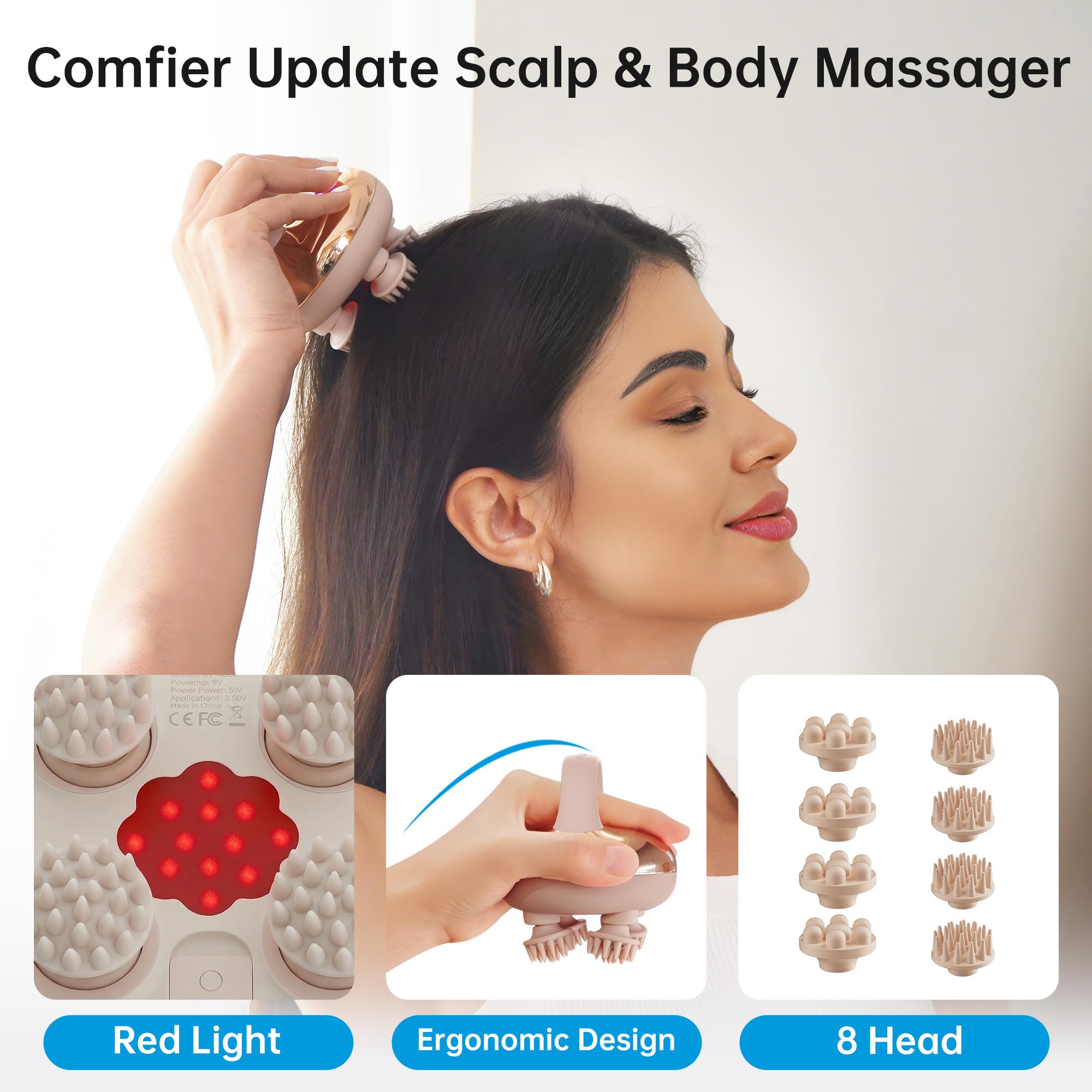 COMFIER masseur de tête électrique, masseur de cuir chevelu étanche IPX7 avec 8 têtes de massage et 3 modes de massage pour un nettoyage relaxant du cuir chevelu (Golden)