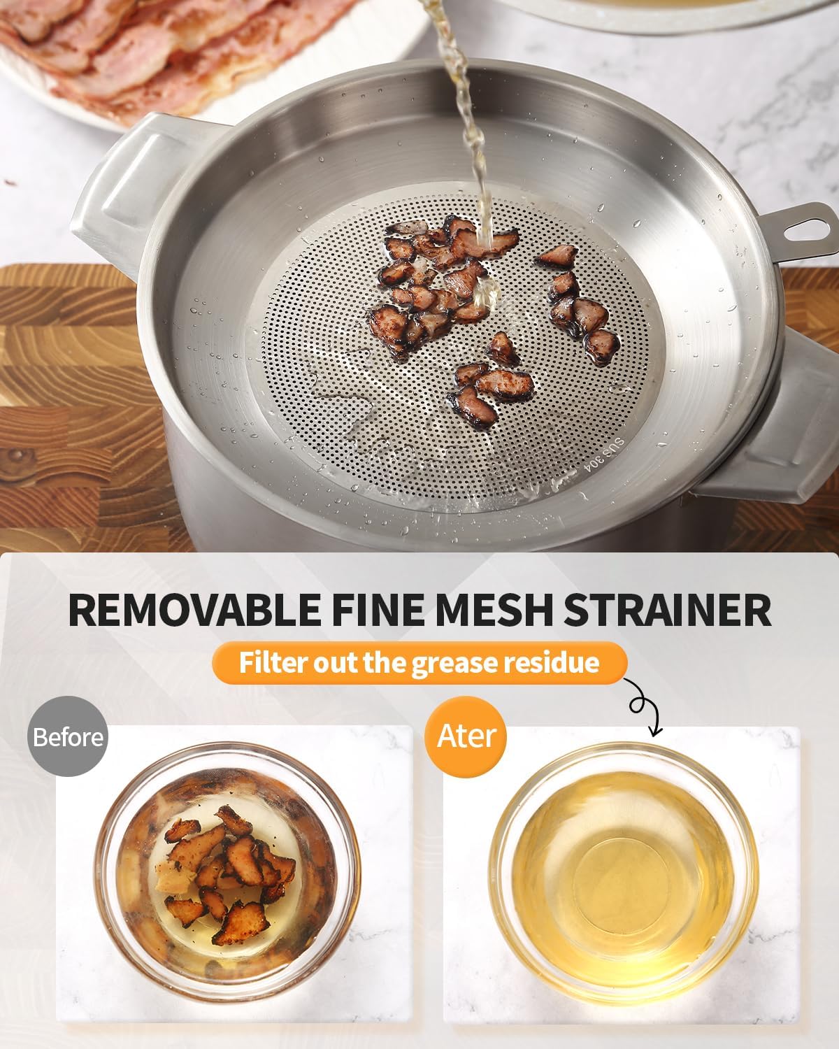 Grease Container Strainer for Kitchen 1 Gall/ 4 Qt Fryer Oil Lard Storage