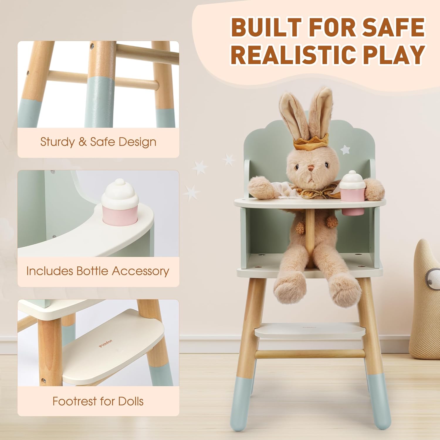 Pithfor Wooden Baby Doll High Chair, Baby Doll Furniture, Fits Up to 18 inch Dolls, 18 inch Doll Accessories - Green