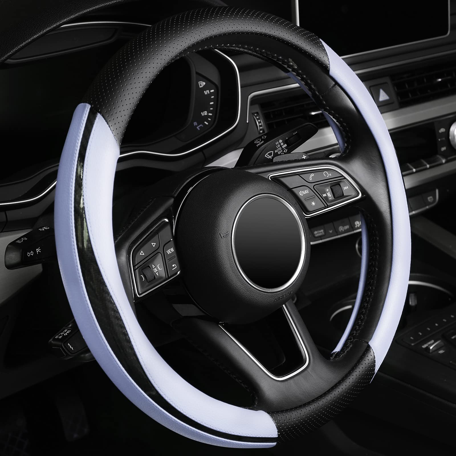 Photo 1 of LABBYWAY New Microfiber Leather Steering Wheel Cover, Universal Fit 15 Inch Car Anti-Slip Wheel Protector, Sport Moon Style(Blue) Black&Blue