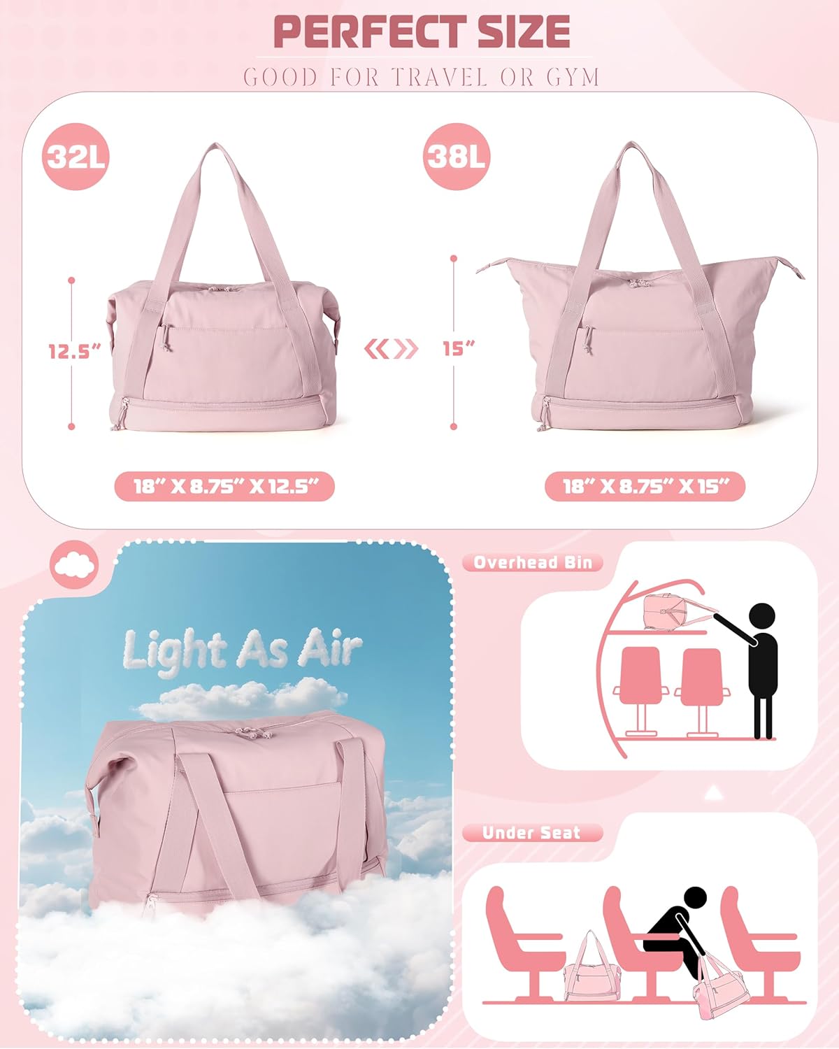 Travel Duffle Bag with Shoe Compartment and Laptop Sleeve for Women, Lightweight Weekender Duffel Bag for Travel, Gym, Hospital Labor Delivery, Pink - Image 4