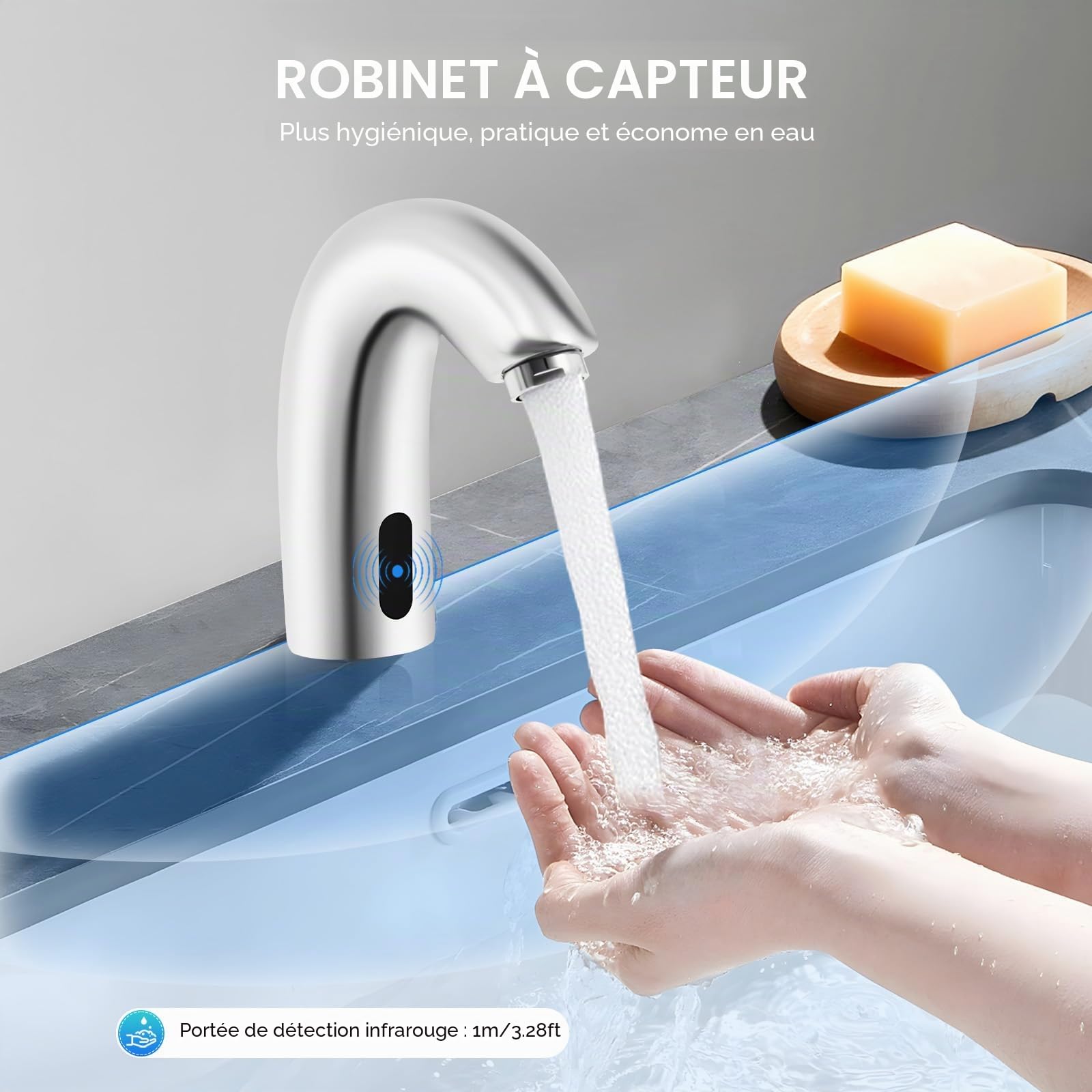 MINRS Robinet avec capteur infrarouge, mitigeur de lavabo automatique à induction, mitigeur de lavabo automatique pour eau froide sans contact pour salle de bain, lavabo