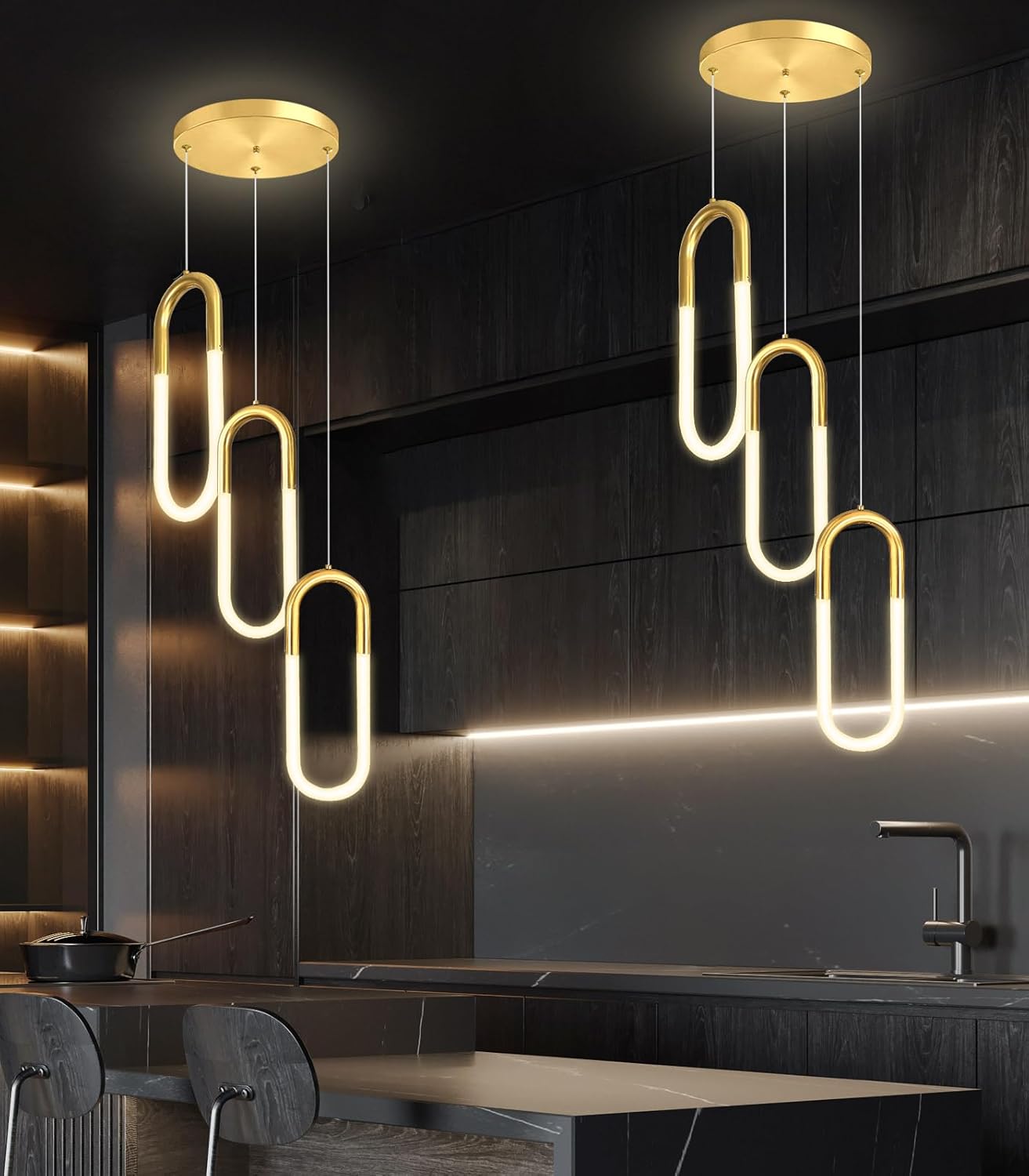 3 Ring 72.7'' Modern Pendant Light for Kitchen Island Led Dimmable Chandelier Ring Chandelier Height Adjustable High Ceiling Hanging for Dining Room Living Room Foyer Entryway 3000-6000K Gold