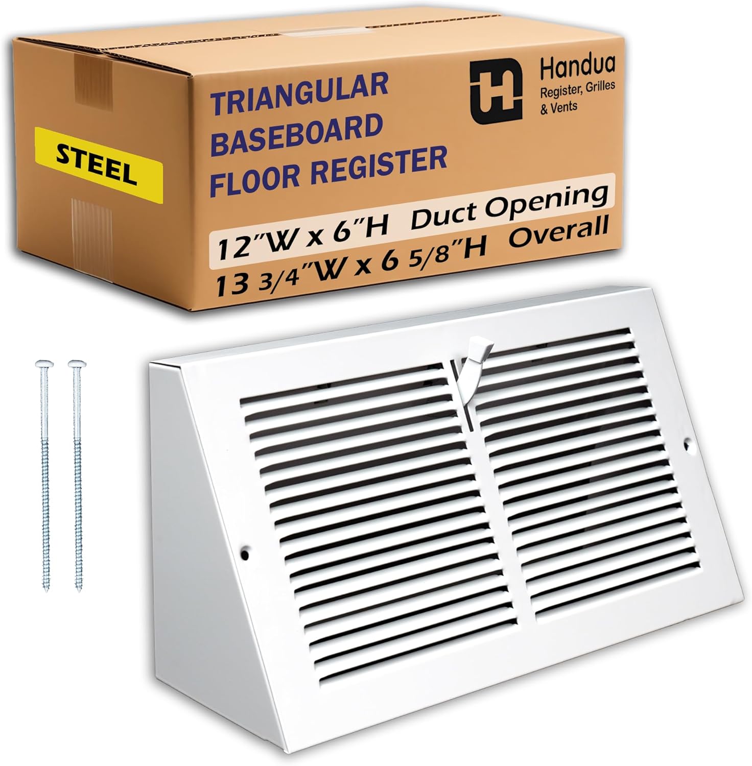 Fits 12x6 Duct Opening | Steel Triangular Baseboard Air Supply Grille with Damper by Handua| Air Register Vent Cover Grill | 3-13/16" Depth | White | Outer Dimensions: 13-3/4" x 6-5/8"