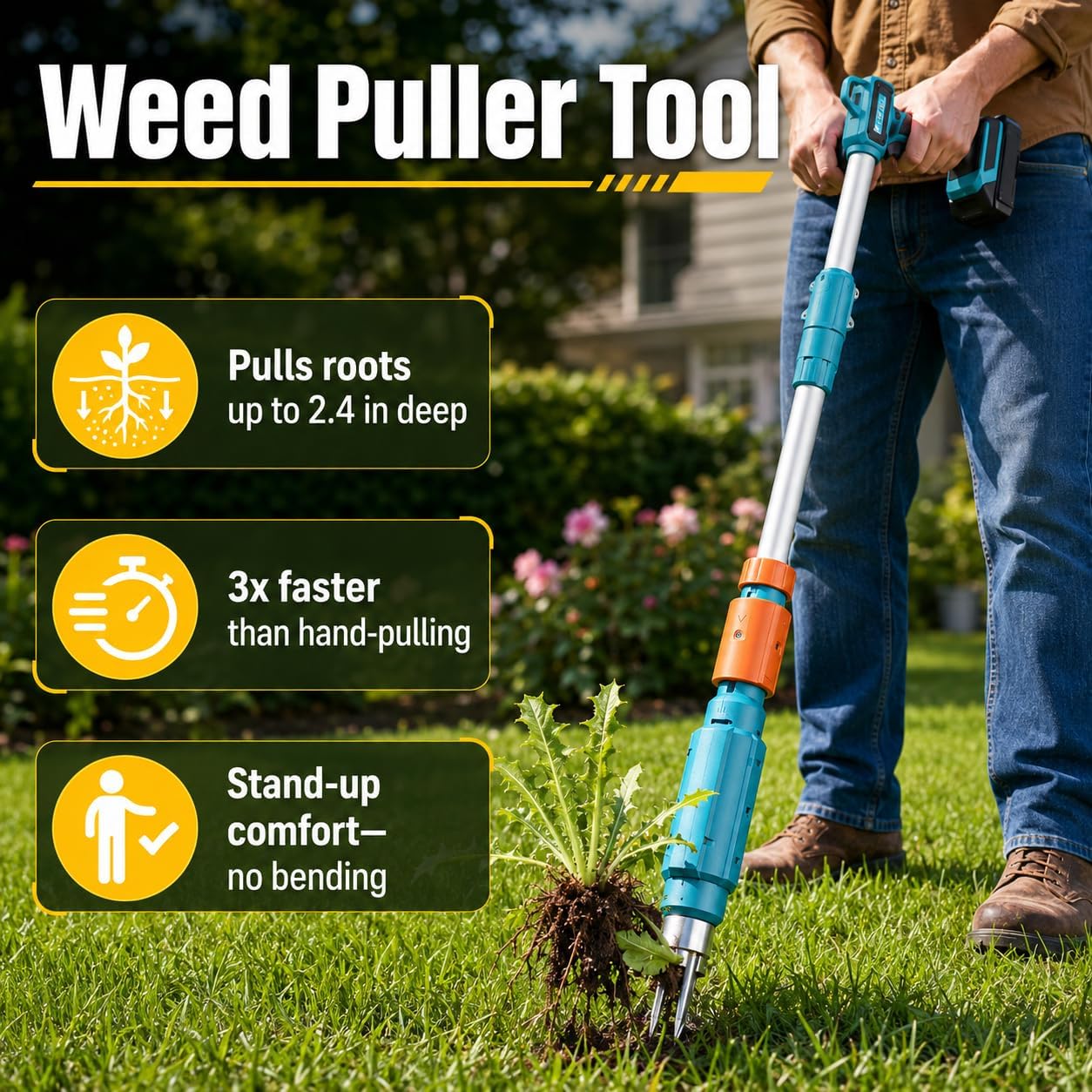 Extracteur de mauvaises herbes électrique avec poignée réglable, tête en acier à 3 griffes et 2 batteries 2,0 Ah pour désherber facilement le jardin