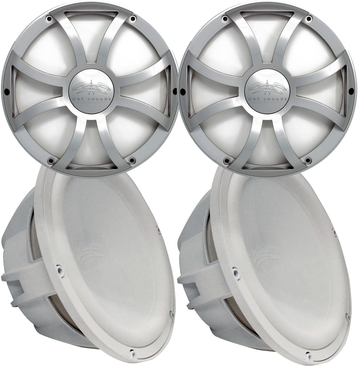 Wet Sounds Two Revo 12" Subwoofers & Grills - White Subwoofers & Silver XS Grills - 4 Ohm