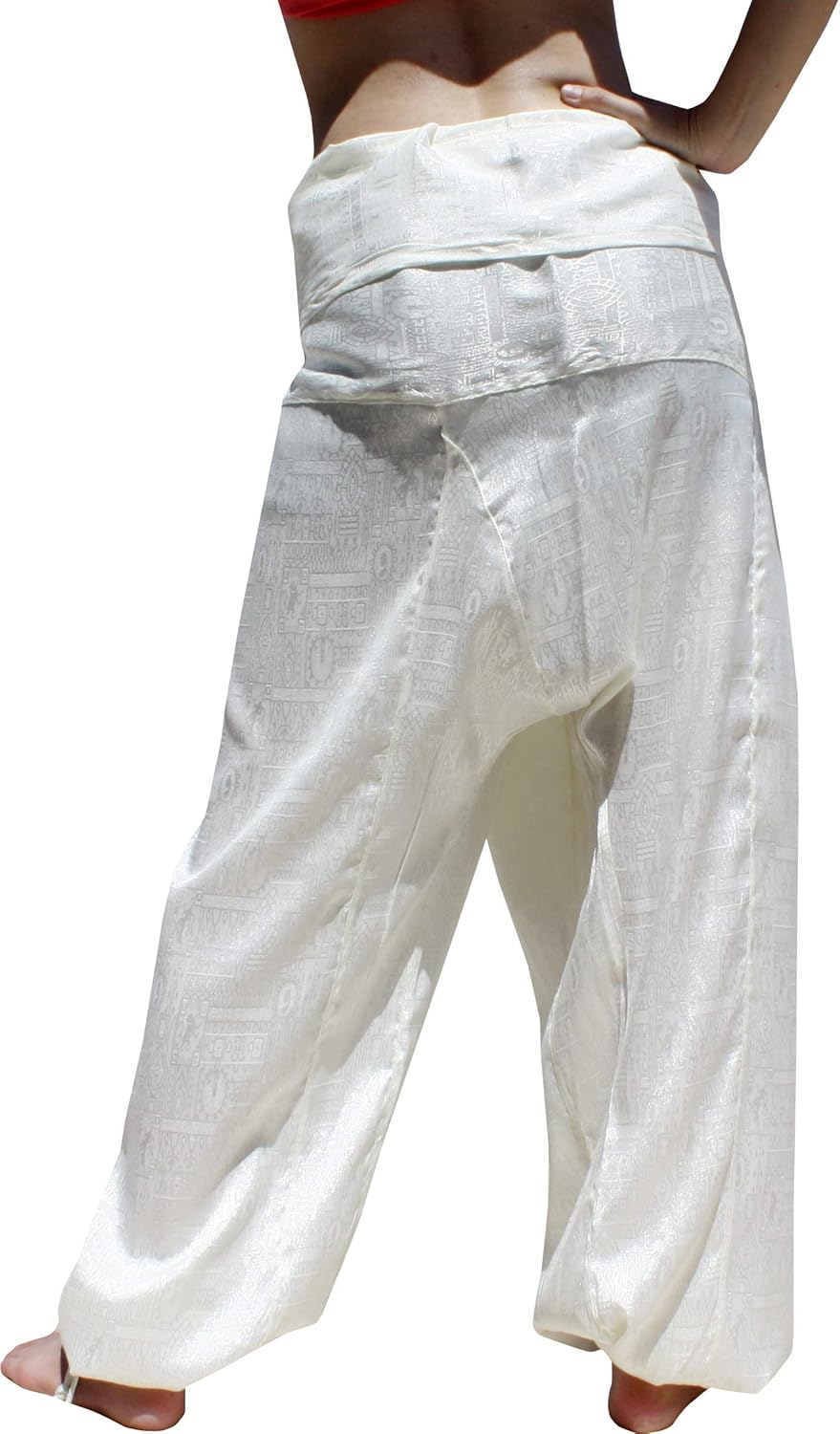 RaanPahMuang Premium Siams Silk Fisherman Wrap Pants Full Featured Unique Design, S/M, Textured Silk - Cream
