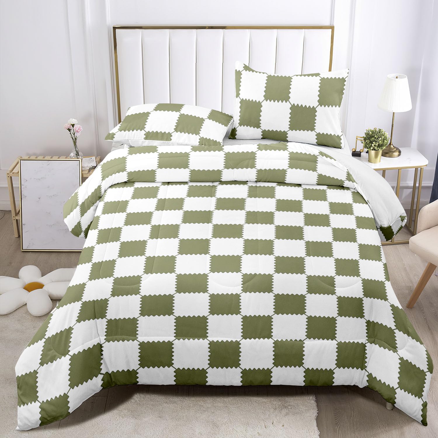 Raphus cucullatus Green Plaid Queen Comforter Set,Gingham Bedding Green Checkered Queen Comforter Set,Farmhouse Bedding Gingham Quilt,Western Quilt Boho Bedroom Decor