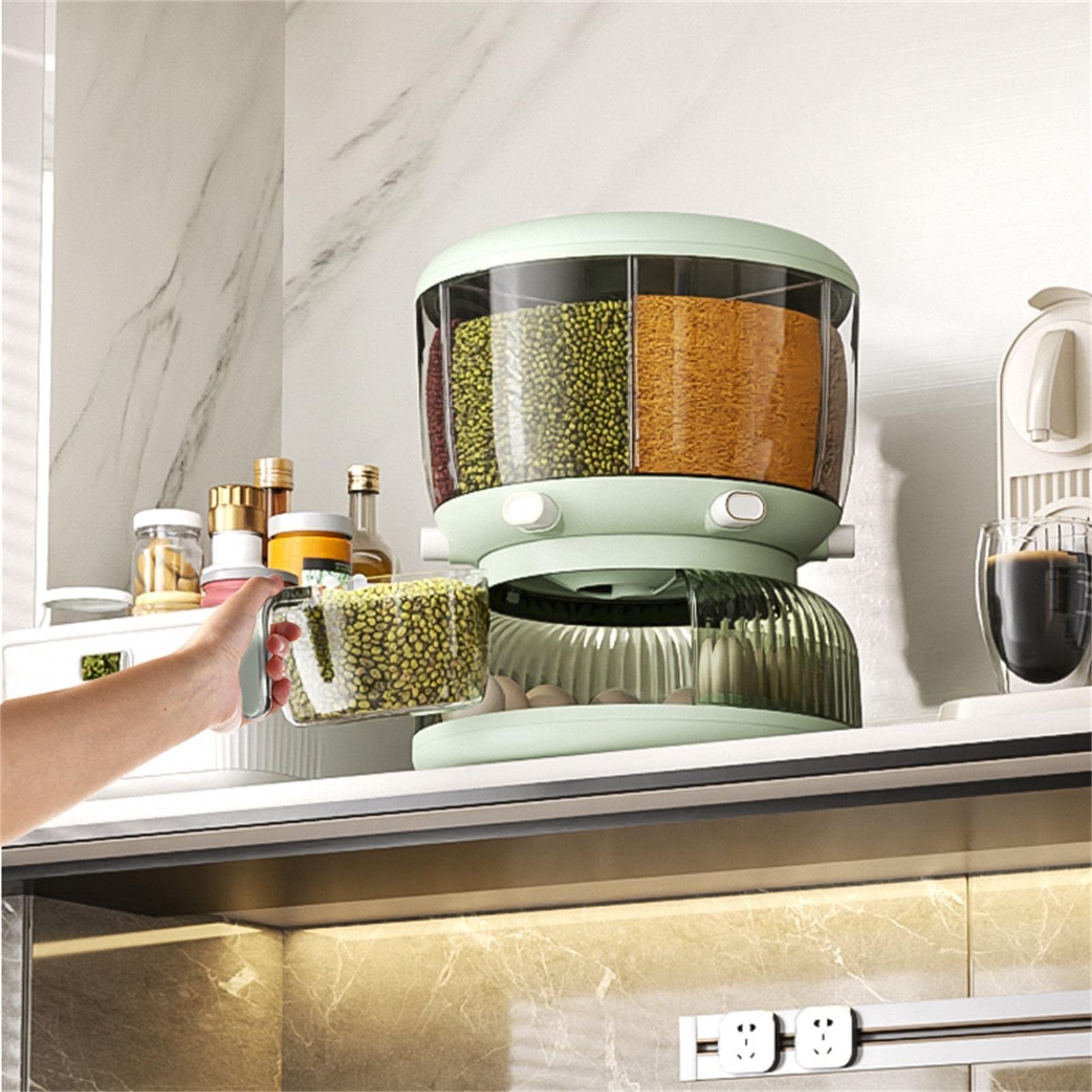 Grano Dispenser Cucina Stoccaggio di contenitori per cereali rotanti a 360 | Dispenser per alimenti secchi a 6 scomparti con per uova per cucina