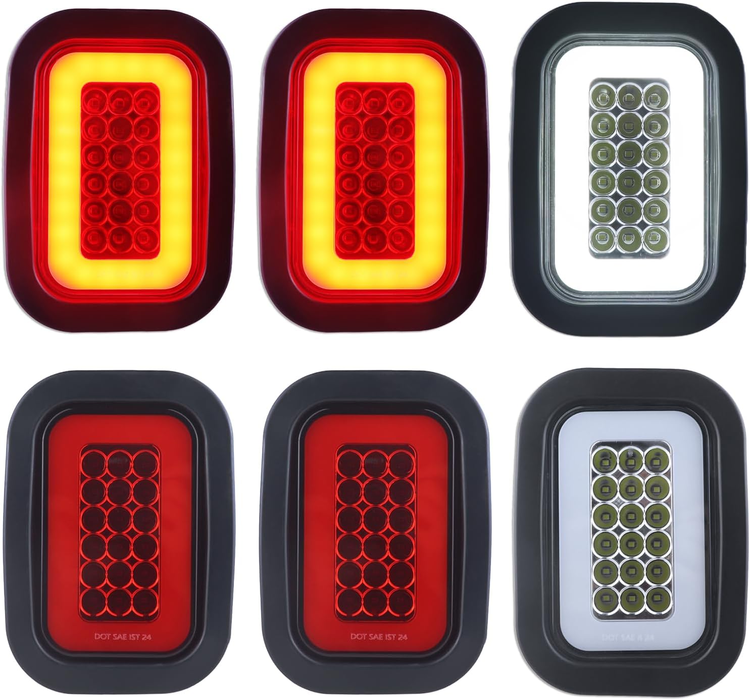 5x3 Rectangle LED Stop Brake Turn Tail Lights Reverse Backup Running Lights Halo LED Flatbed Truck Trailer Hitch Tail Lights w/Rubber Grommet 3 Prong Trailer Wire Pigtails Plug 4Pcs Red & 2Pcs White