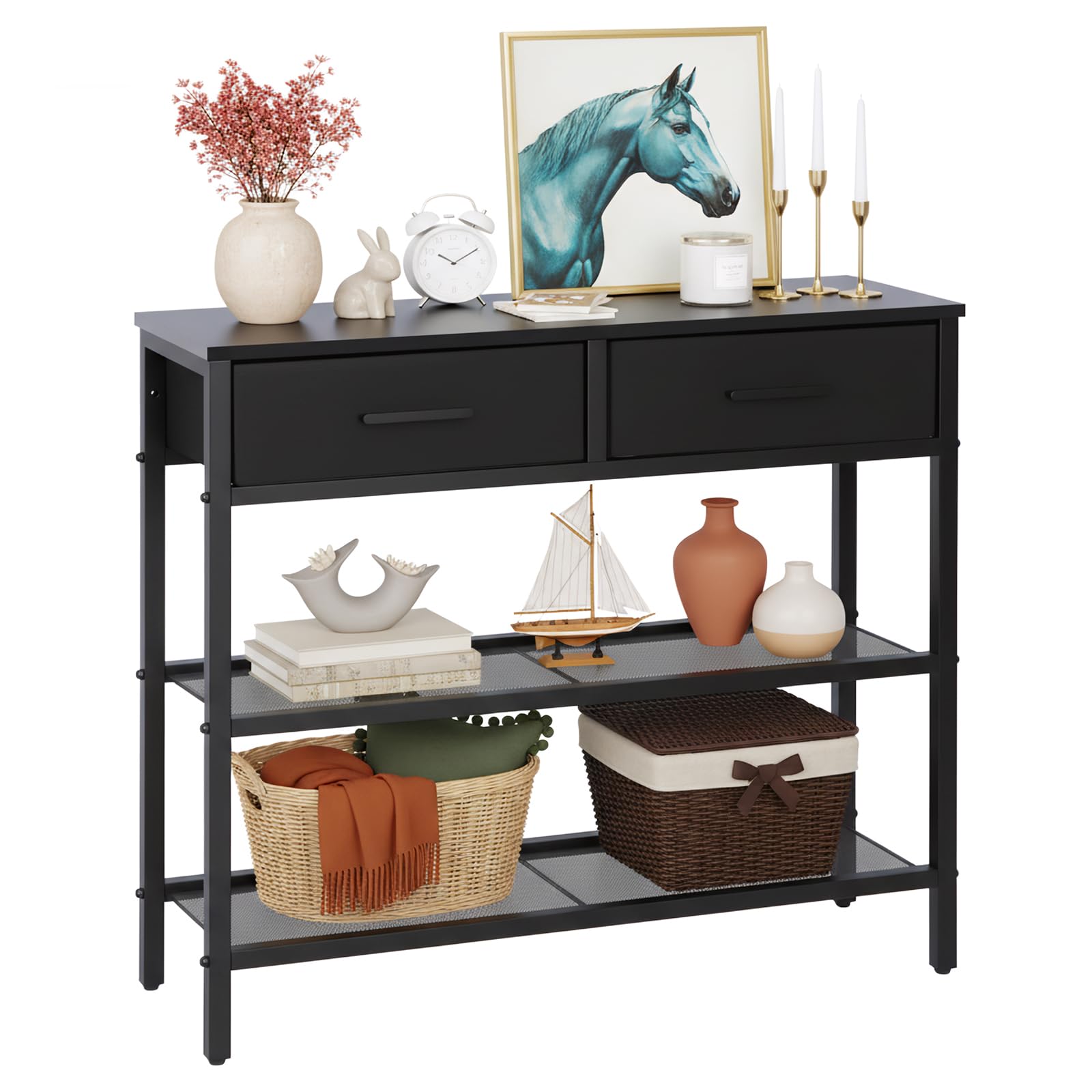 Panana Slim Console Table, Hallway Table with 2 Non-woven Drawers, 3-Tier Sofa Table with Storage for Small Spaces, Living Room, Office, L75xW24xH76.5cm, Black — image 1