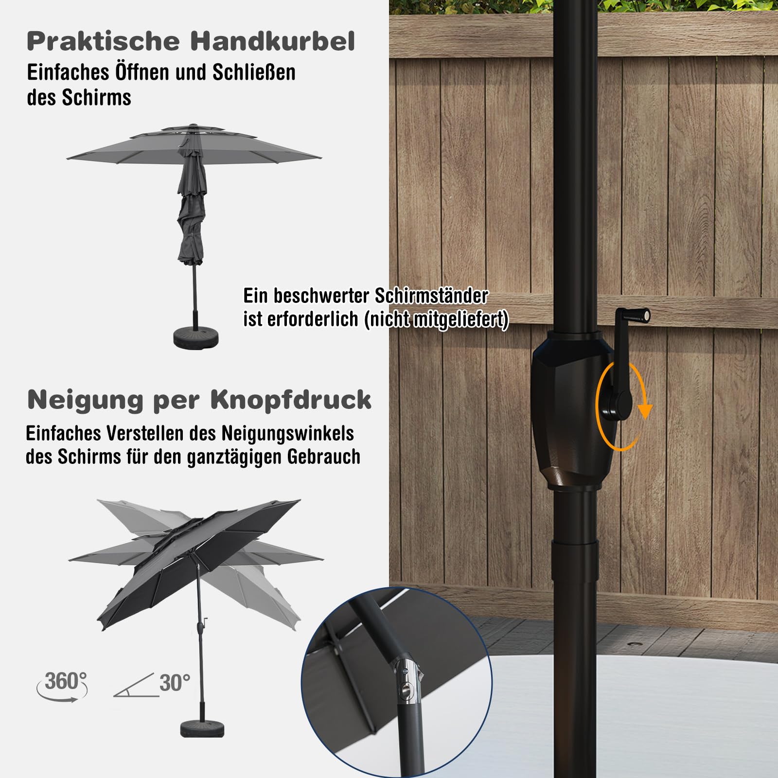 GOPLUS Sonnenschirm 300 cm, Gartenschirm mit Kurbel, beidseitig 30° neigbarer Terrassenschirm mit UV-Schutz, Marktschirm stabil mit 8 Rippen, Balkon Schirm für Strand, Pool, Garten, Grau